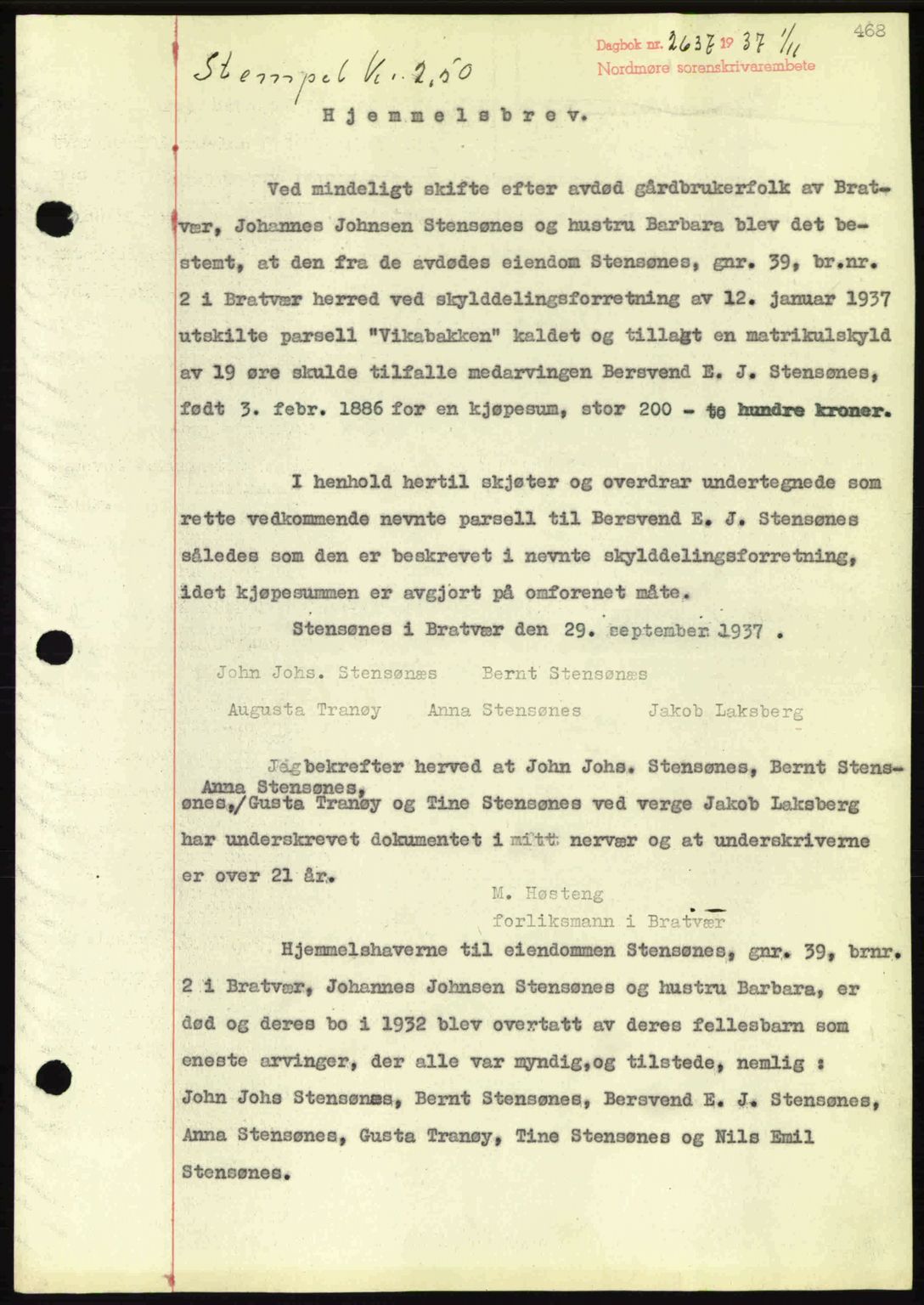 Nordmøre sorenskriveri, SAT/A-4132/1/2/2Ca: Pantebok nr. A82, 1937-1938, Dagboknr: 2637/1937