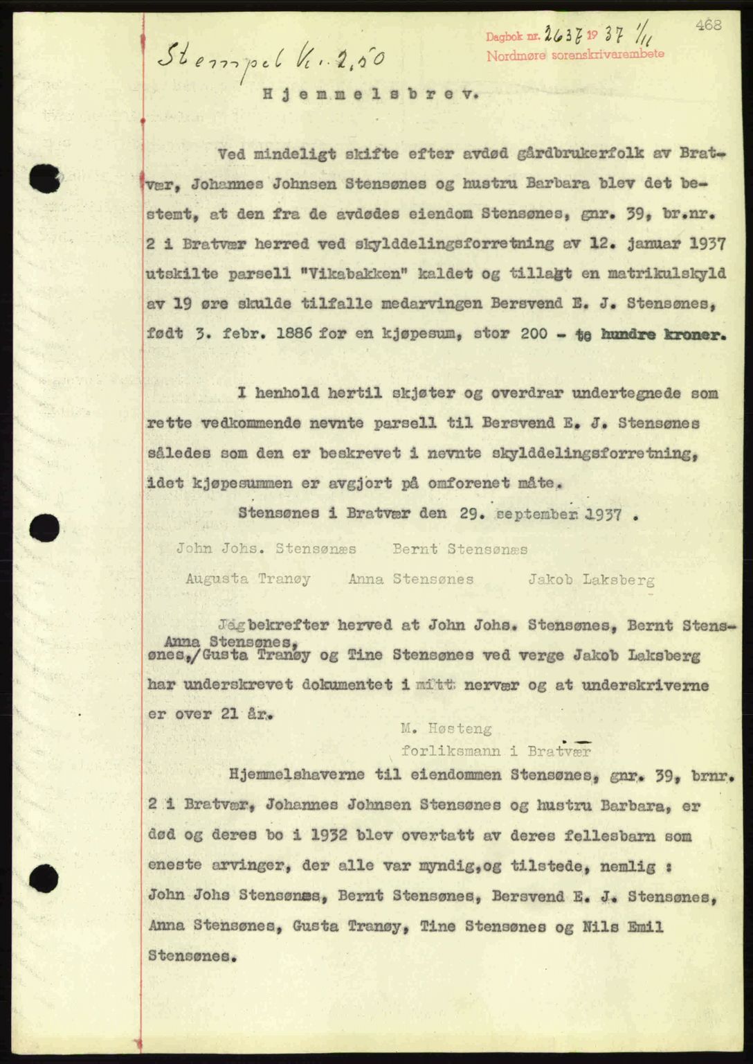 Nordmøre sorenskriveri, AV/SAT-A-4132/1/2/2Ca: Pantebok nr. A82, 1937-1938, Dagboknr: 2637/1937