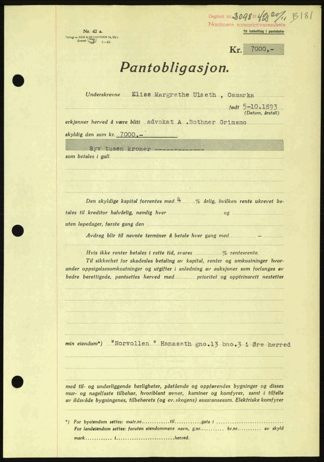 Nordmøre sorenskriveri, SAT/A-4132/1/2/2Ca: Pantebok nr. B90, 1942-1943, Dagboknr: 3098/1942