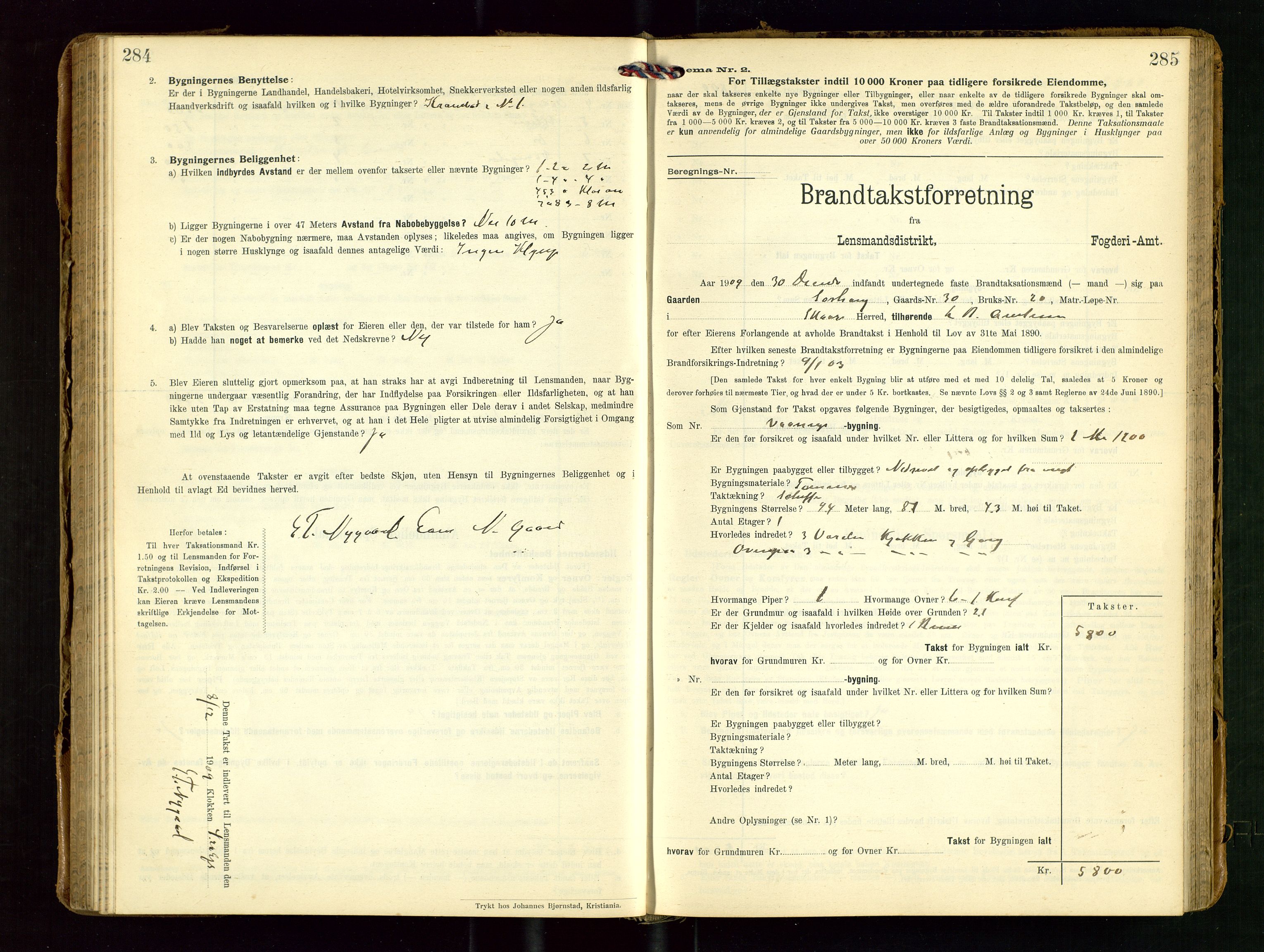 Torvestad lensmannskontor, SAST/A-100307/1/Gob/L0004: "Brandtaxationsprotokol for Torvestad Lensmannsdistrikt", 1909-1923, s. 284-285