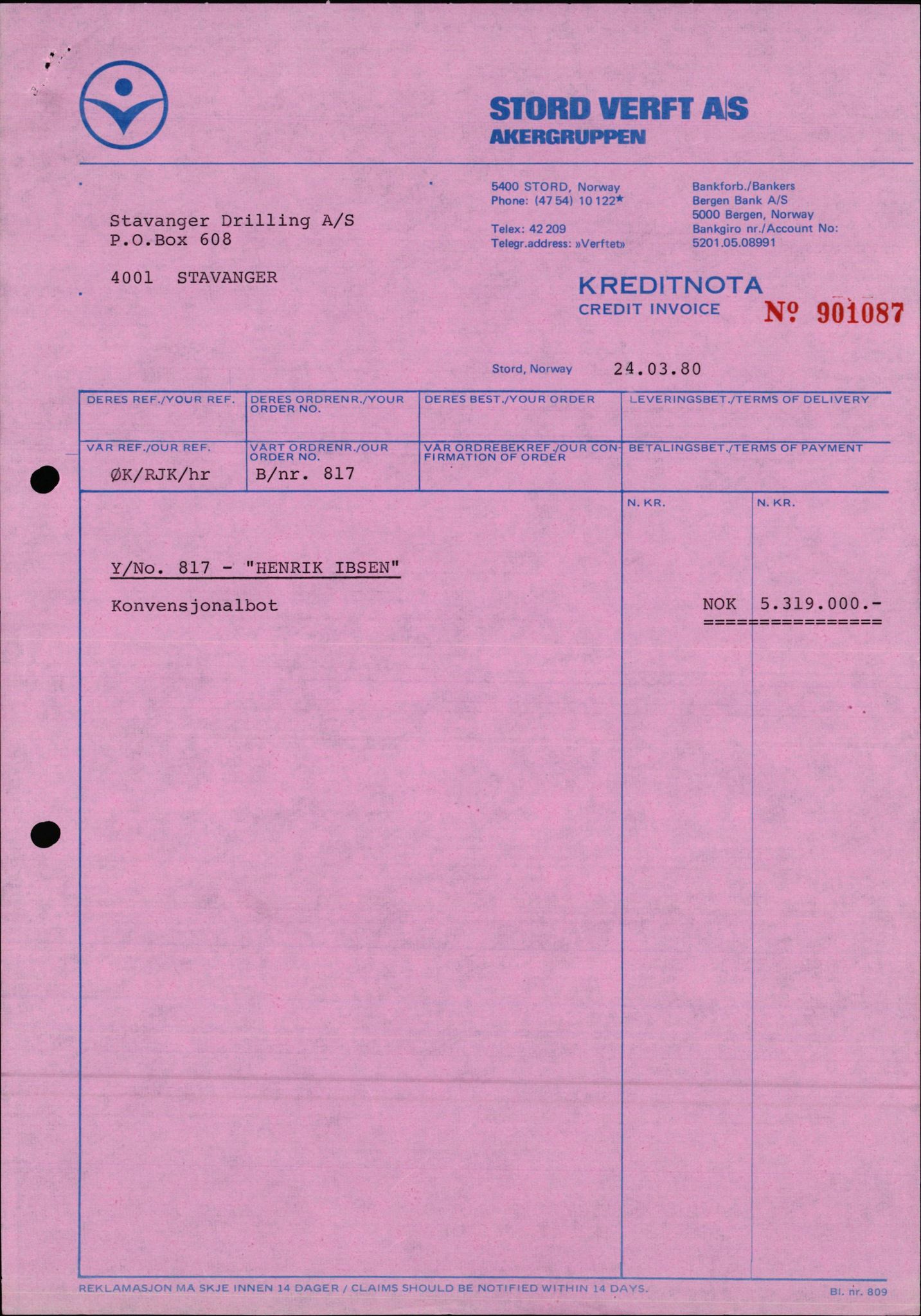 Pa 1503 - Stavanger Drilling AS, AV/SAST-A-101906/2/E/Ec/Eca/L0012: Voldgift Stord Verft, 1979-1982