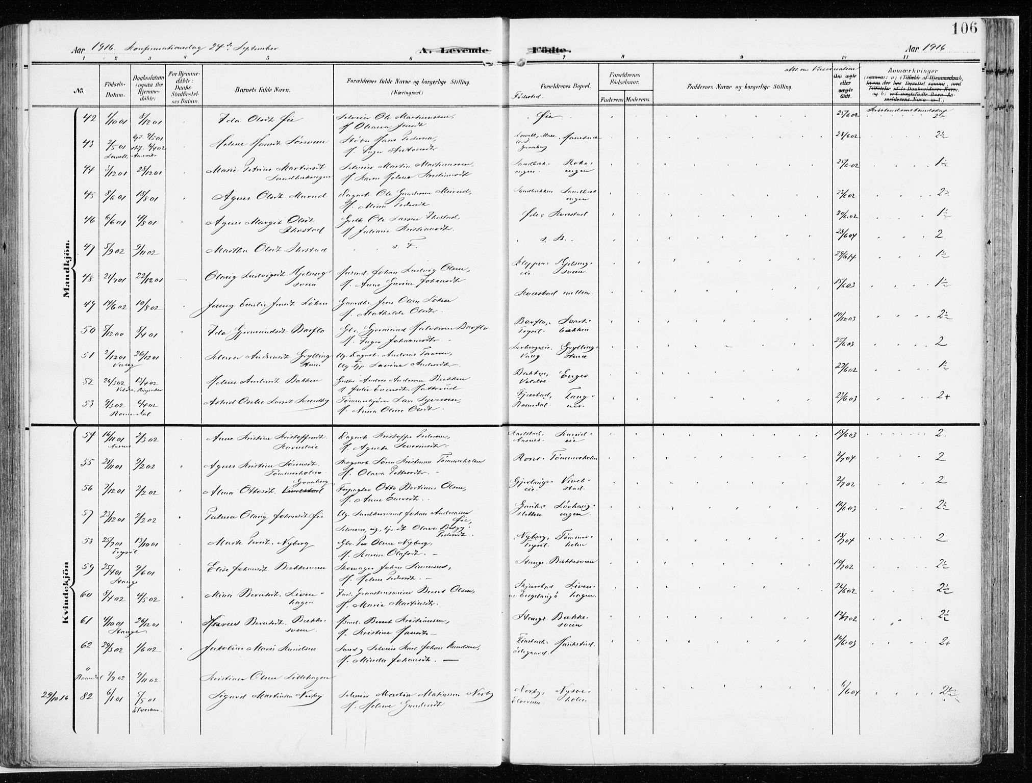 Løten prestekontor, AV/SAH-PREST-022/K/Ka/L0011: Ministerialbok nr. 11, 1908-1917, s. 106