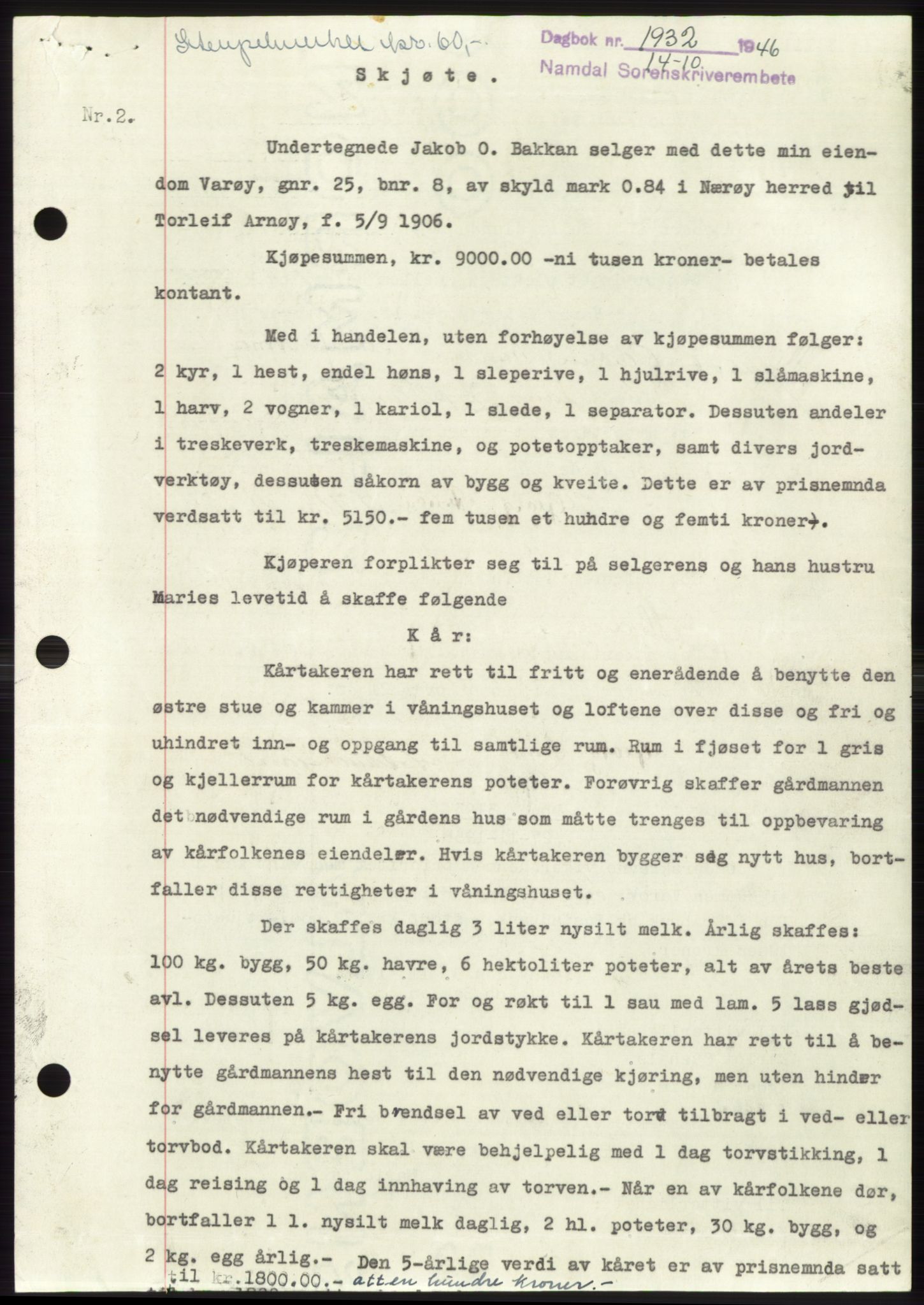 Namdal sorenskriveri, SAT/A-4133/1/2/2C: Pantebok nr. -, 1946-1947, Dagboknr: 1932/1946