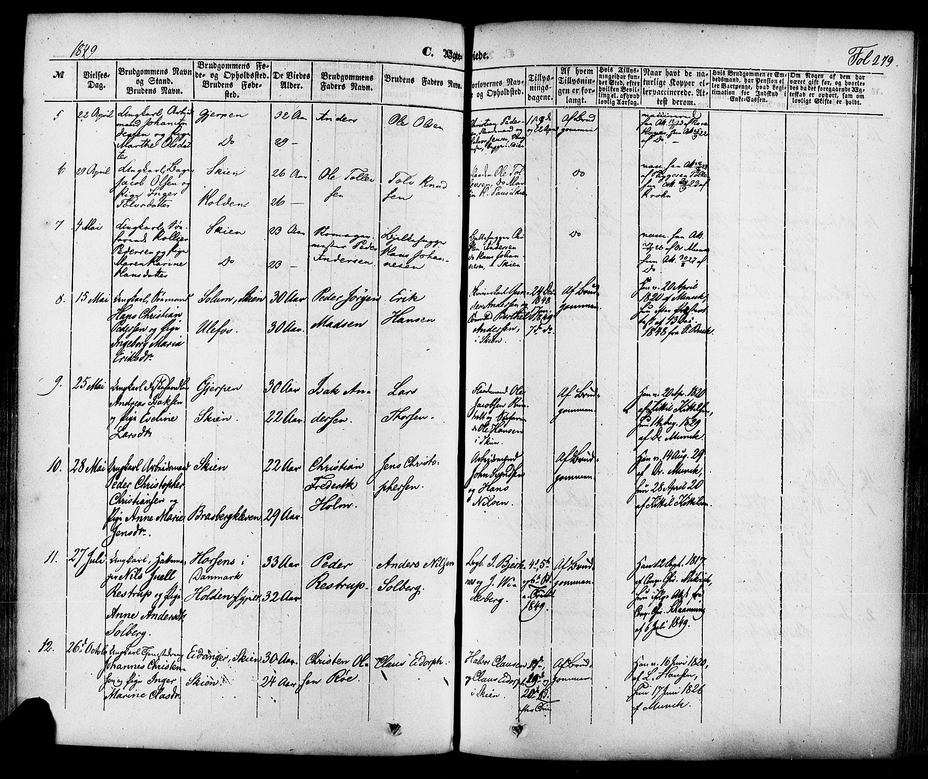 Skien kirkebøker, SAKO/A-302/F/Fa/L0006a: Ministerialbok nr. 6A, 1843-1856, s. 279