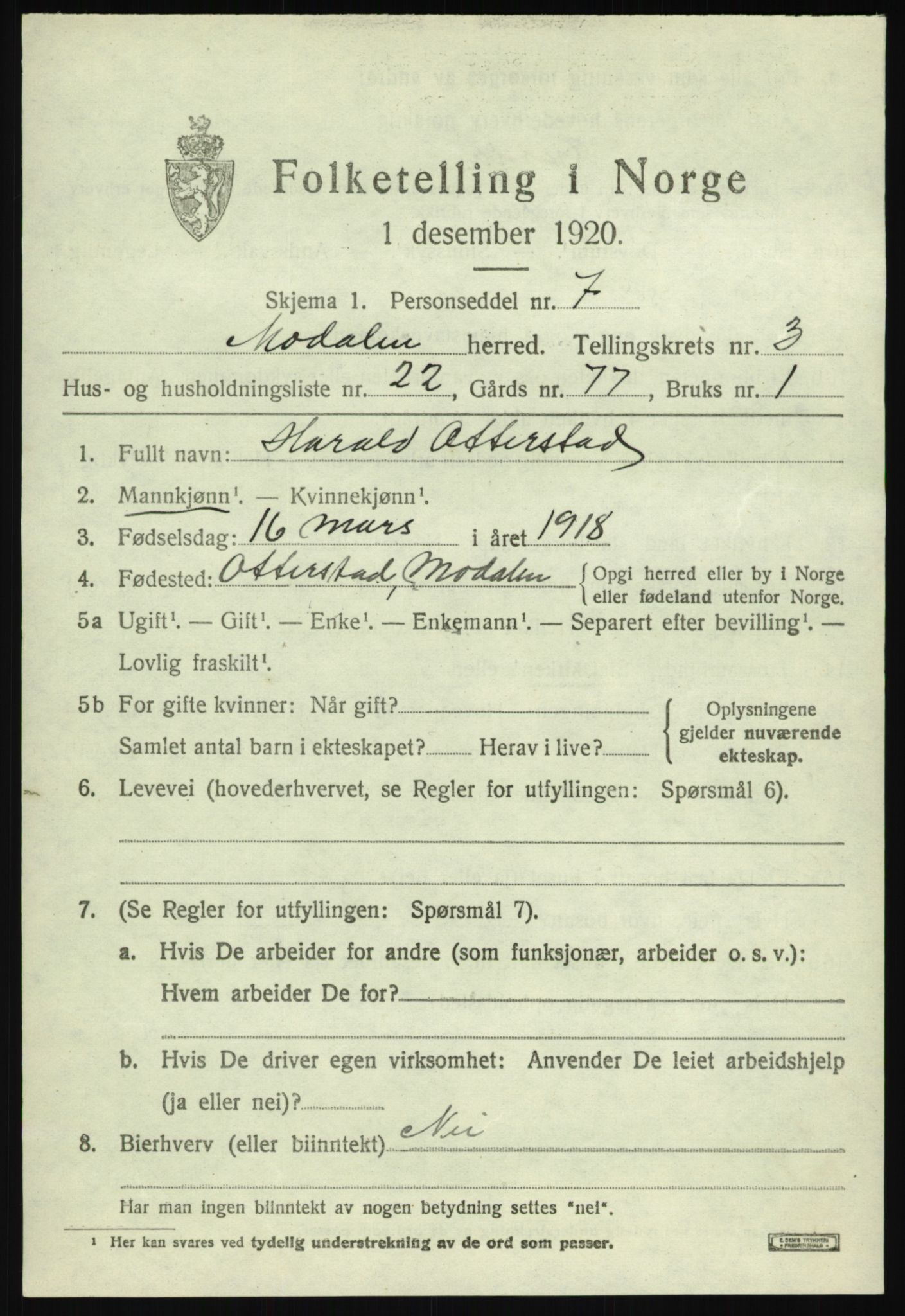 SAB, Folketelling 1920 for 1252 Modalen herred, 1920, s. 796