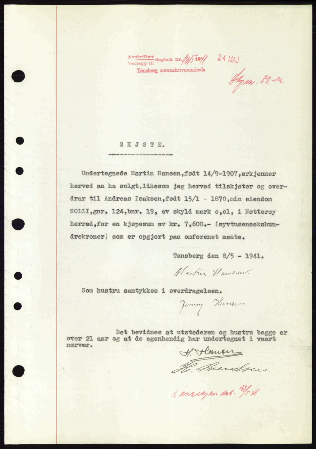 Tønsberg sorenskriveri, AV/SAKO-A-130/G/Ga/Gaa/L0010: Pantebok nr. A10, 1941-1941, Dagboknr: 1315/1941