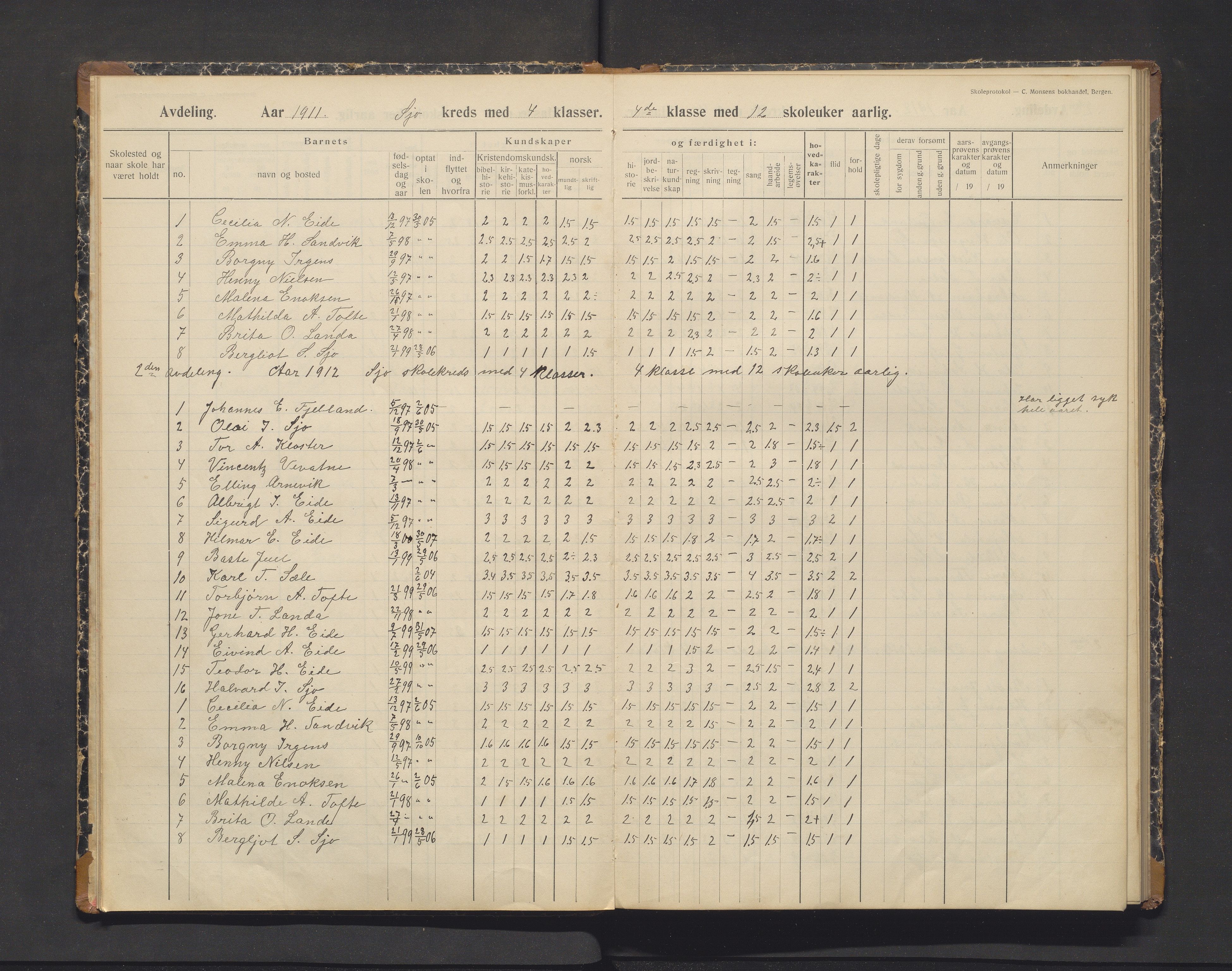 Fjelberg kommune. Barneskulane, IKAH/1213-231/F/Fb/L0009: Skuleprotokoll for Sjo skule, 1911-1919