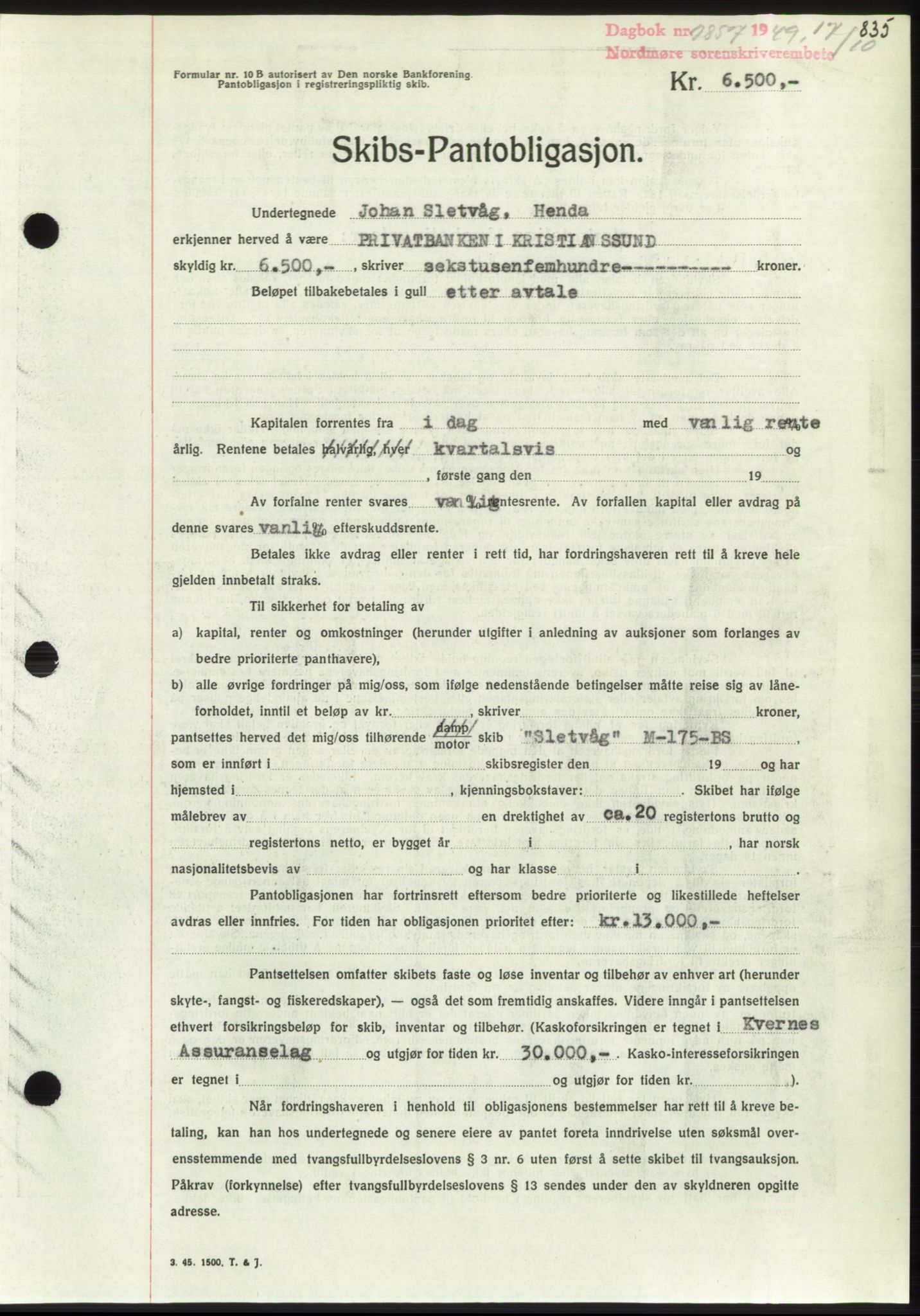 Nordmøre sorenskriveri, AV/SAT-A-4132/1/2/2Ca: Pantebok nr. B102, 1949-1949, Dagboknr: 2857/1949