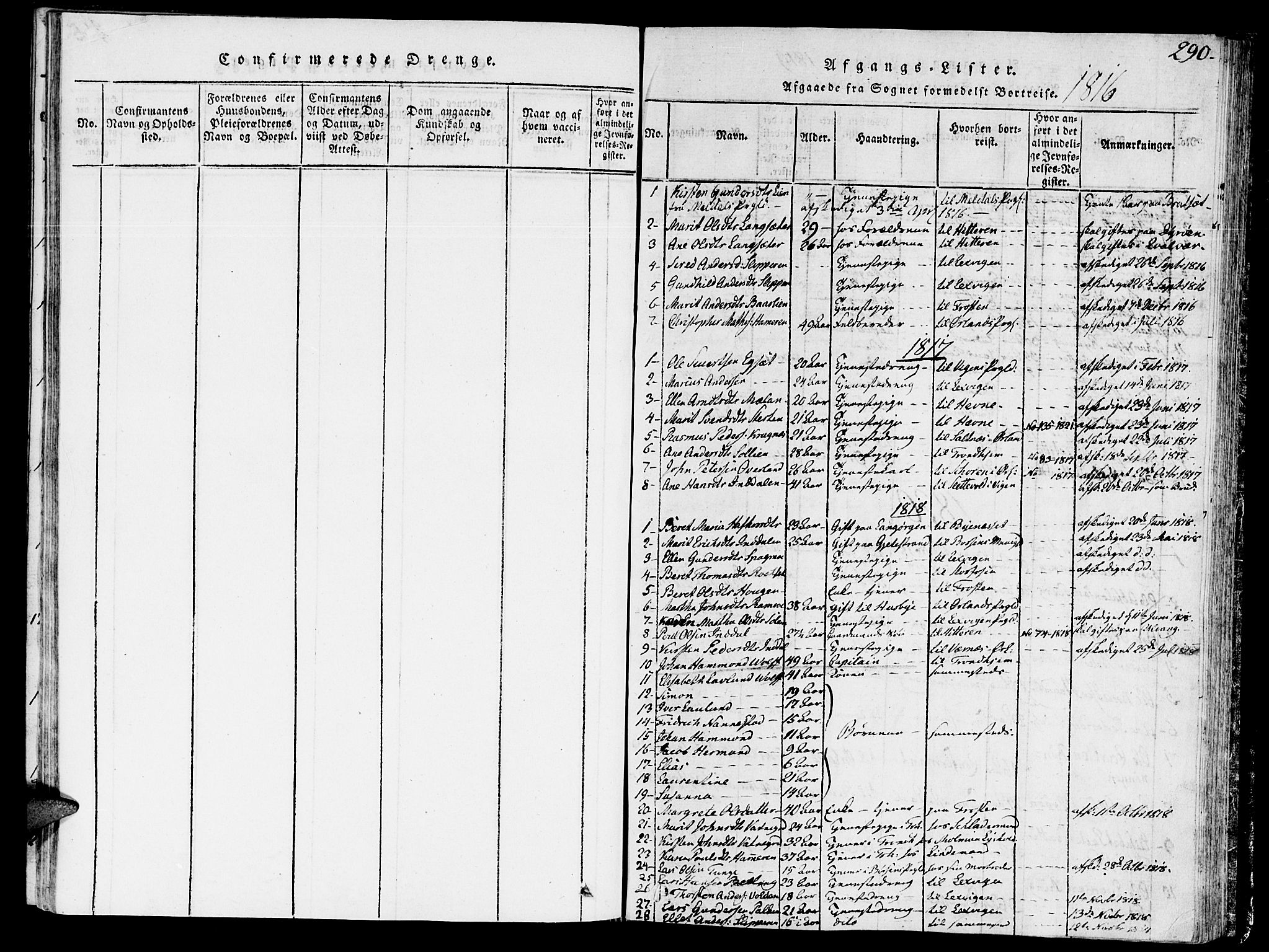 Ministerialprotokoller, klokkerbøker og fødselsregistre - Sør-Trøndelag, AV/SAT-A-1456/646/L0608: Ministerialbok nr. 646A06, 1816-1825, s. 290