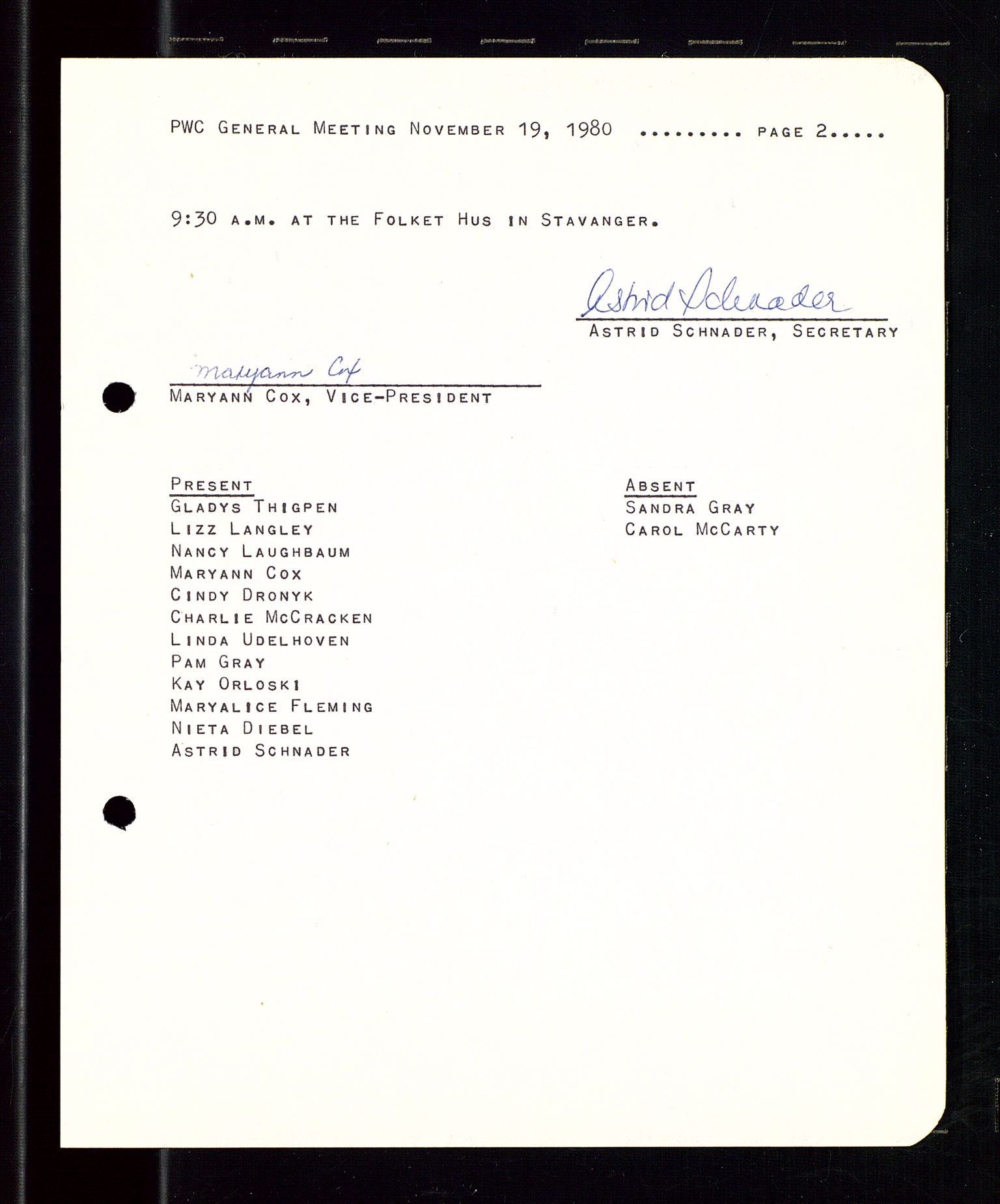 PA 1547 - Petroleum Wives Club, AV/SAST-A-101974/A/Aa/L0001: Board and General Meeting, 1970-1983
