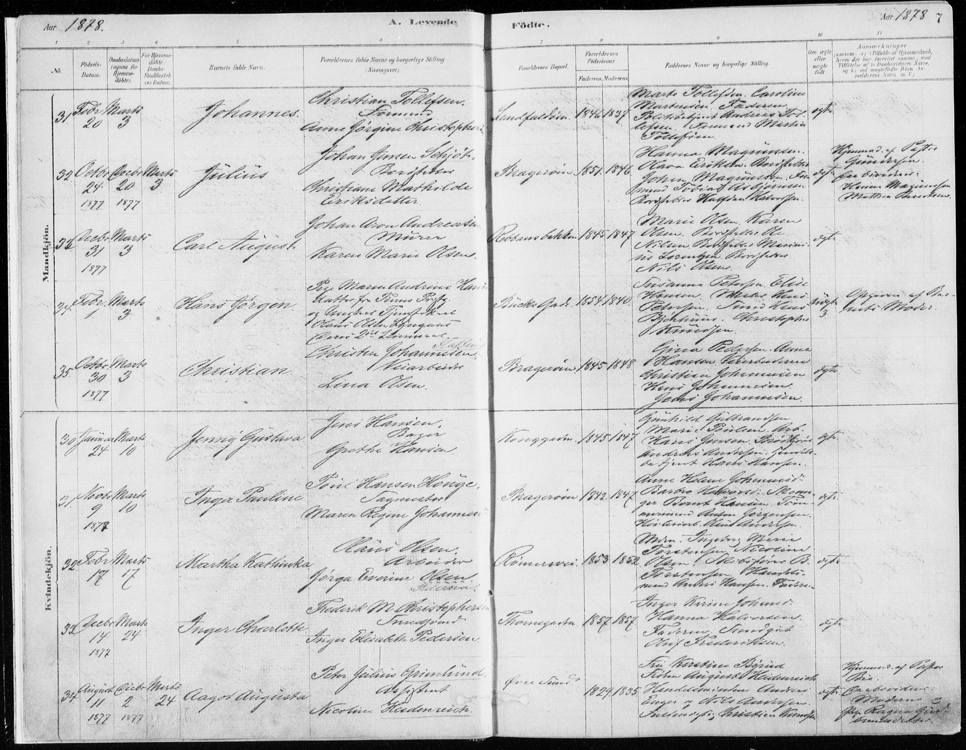 Bragernes kirkebøker, AV/SAKO-A-6/F/Fb/L0006a: Ministerialbok nr. II 6A, 1878-1885, s. 7