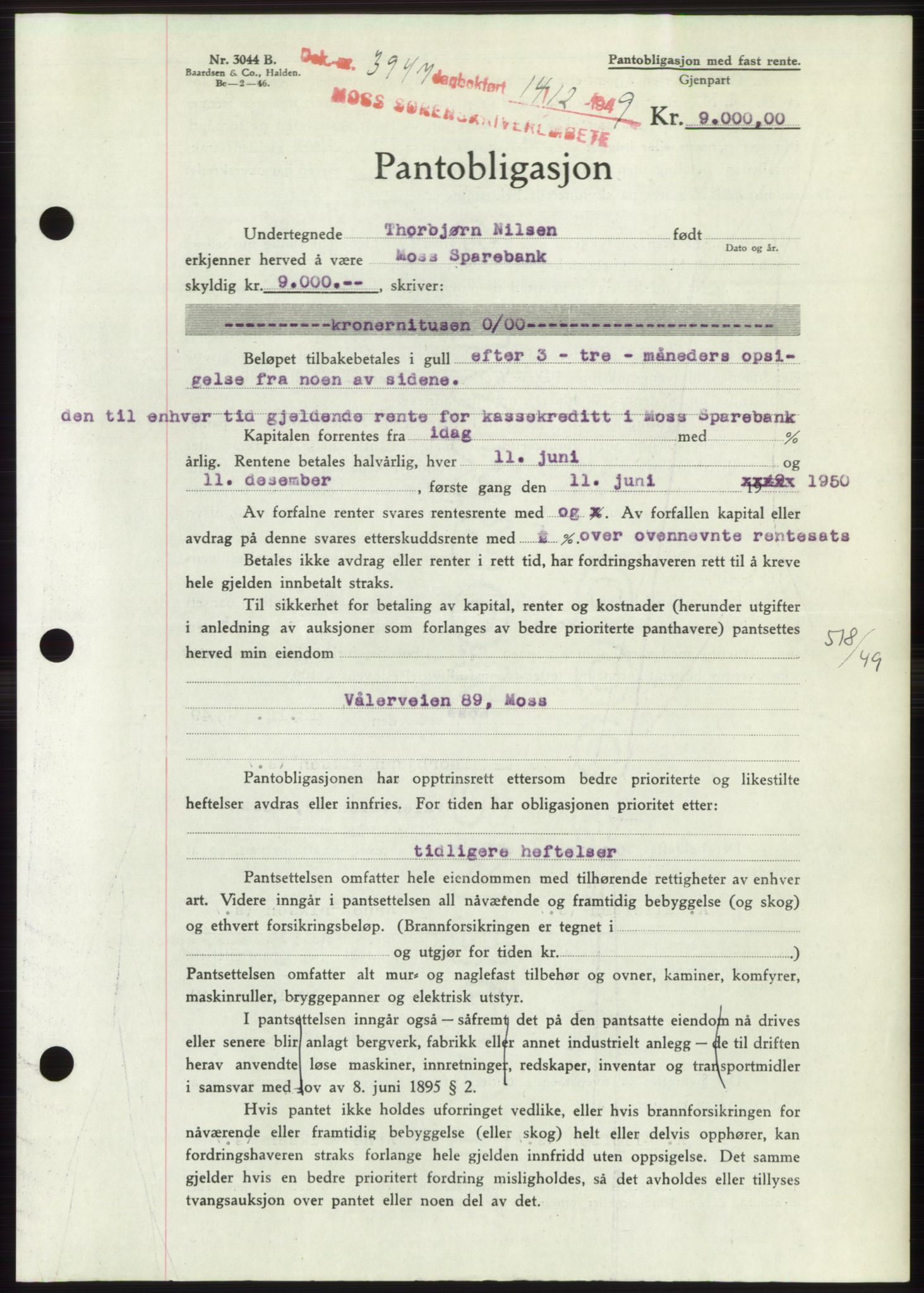 Moss sorenskriveri, SAO/A-10168: Pantebok nr. B23, 1949-1950, Dagboknr: 3947/1949