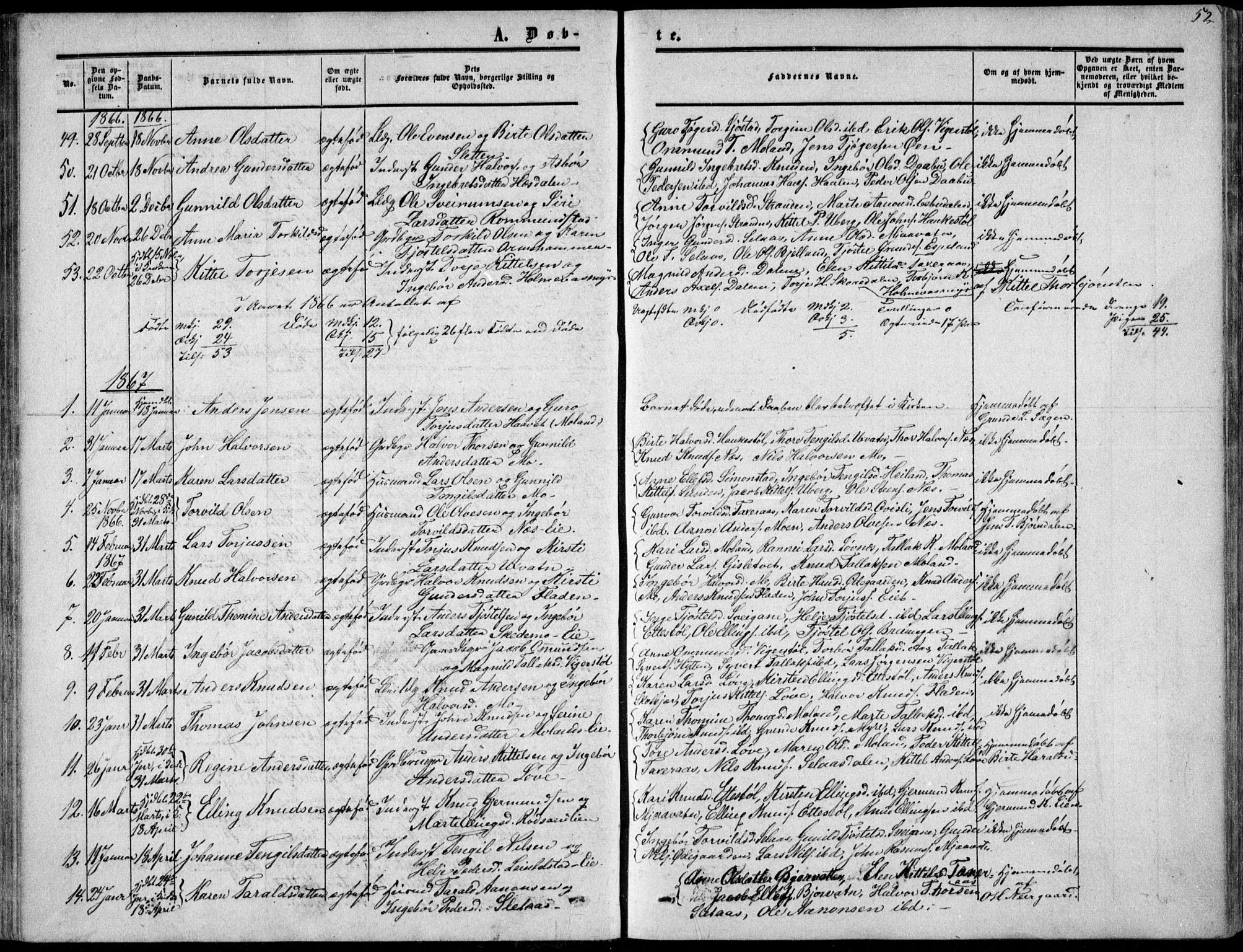 Gjerstad sokneprestkontor, AV/SAK-1111-0014/F/Fa/Fab/L0003: Ministerialbok nr. A 3, 1853-1878, s. 52