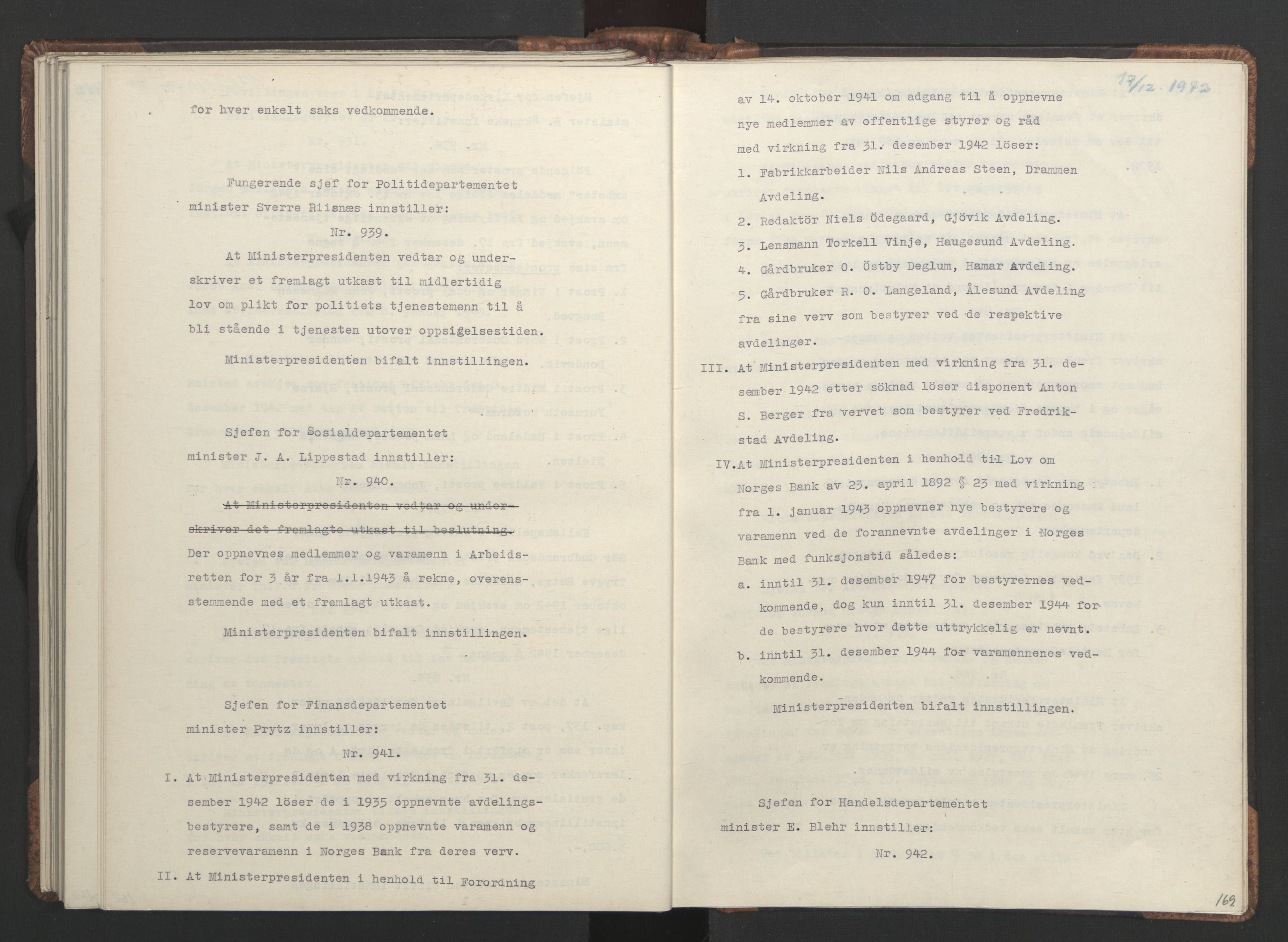 NS-administrasjonen 1940-1945 (Statsrådsekretariatet, de kommisariske statsråder mm), RA/S-4279/D/Da/L0001: Beslutninger og tillegg (1-952 og 1-32), 1942, s. 172