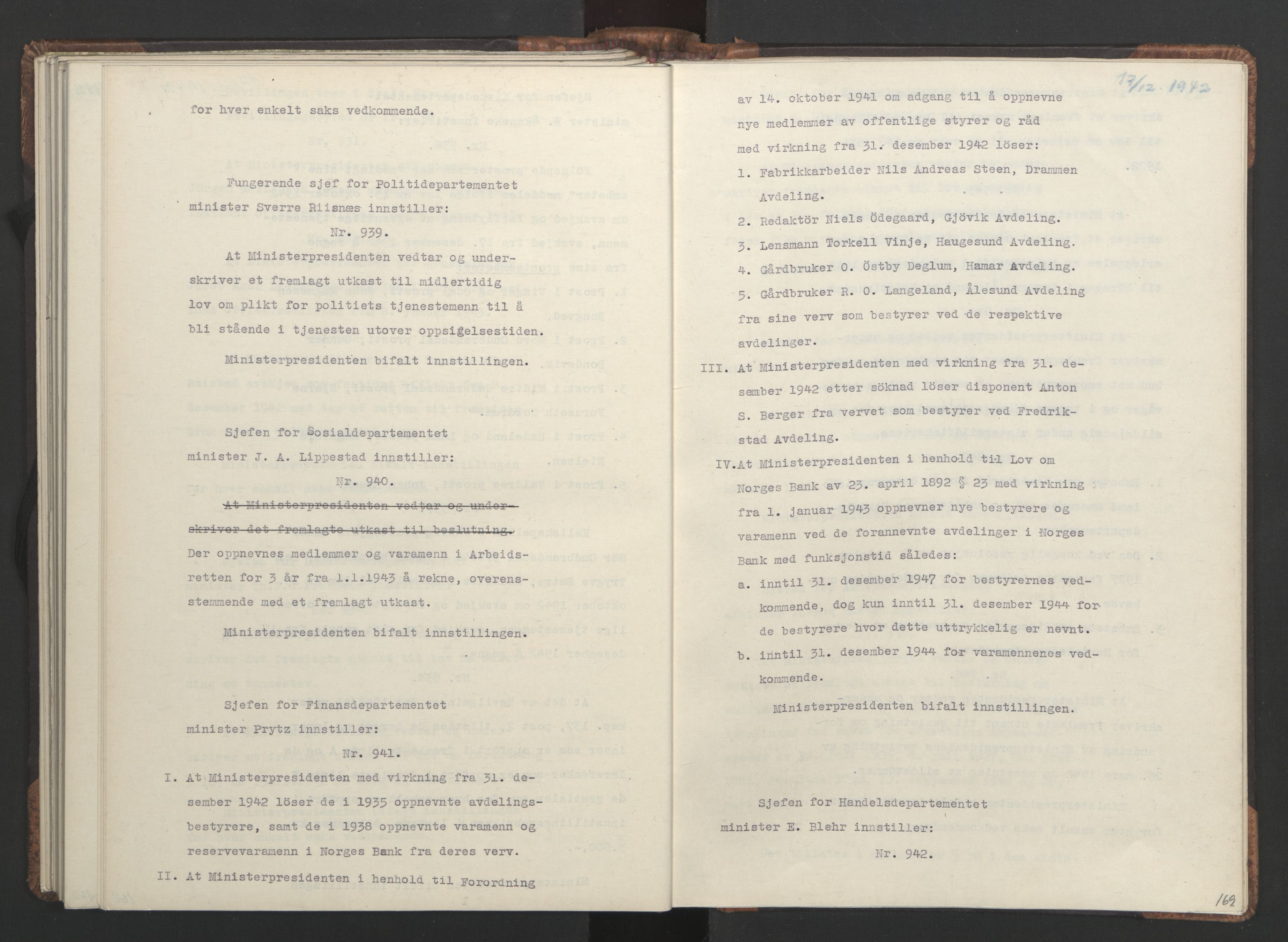 NS-administrasjonen 1940-1945 (Statsrådsekretariatet, de kommisariske statsråder mm), AV/RA-S-4279/D/Da/L0001: Beslutninger og tillegg (1-952 og 1-32), 1942, s. 172