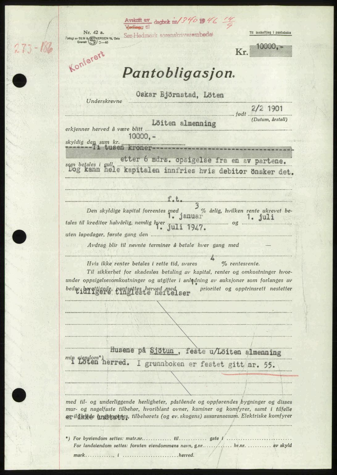 Sør-Hedmark sorenskriveri, AV/SAH-TING-014/H/Hb/Hbd/L0012: Pantebok nr. 12, 1946-1946, Dagboknr: 1340/1946