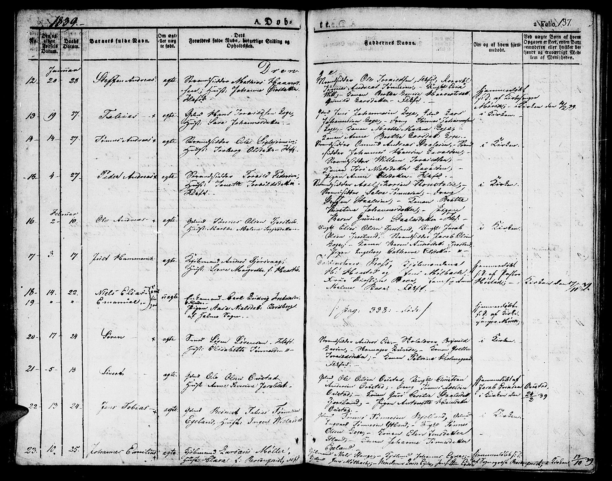 Flekkefjord sokneprestkontor, AV/SAK-1111-0012/F/Fb/Fbc/L0004: Klokkerbok nr. B 4, 1827-1846, s. 137