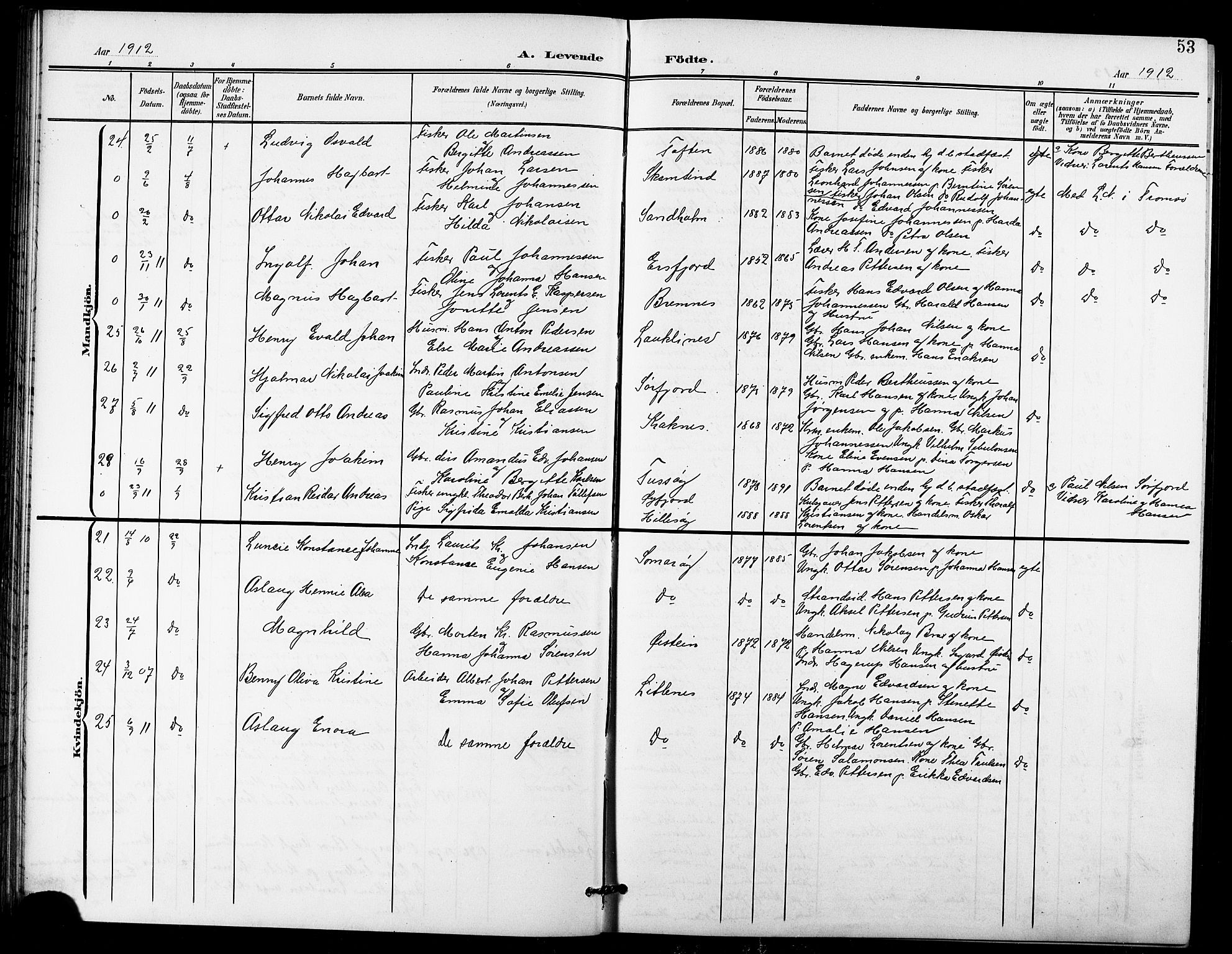 Lenvik sokneprestembete, AV/SATØ-S-1310/H/Ha/Hab/L0022klokker: Klokkerbok nr. 22, 1901-1918, s. 53