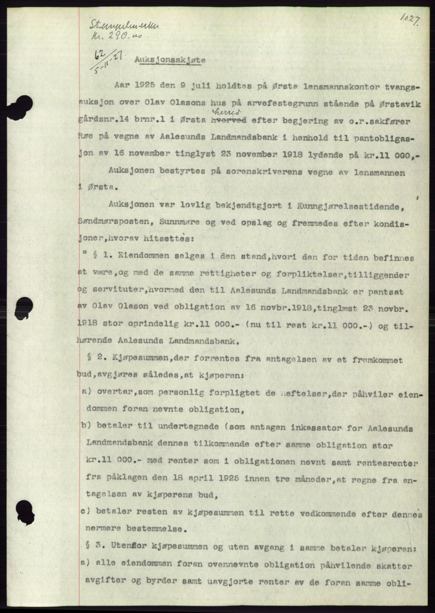 Søre Sunnmøre sorenskriveri, SAT/A-4122/1/2/2C/L0046: Pantebok nr. 40, 1927-1927, Tingl.dato: 05.11.1927