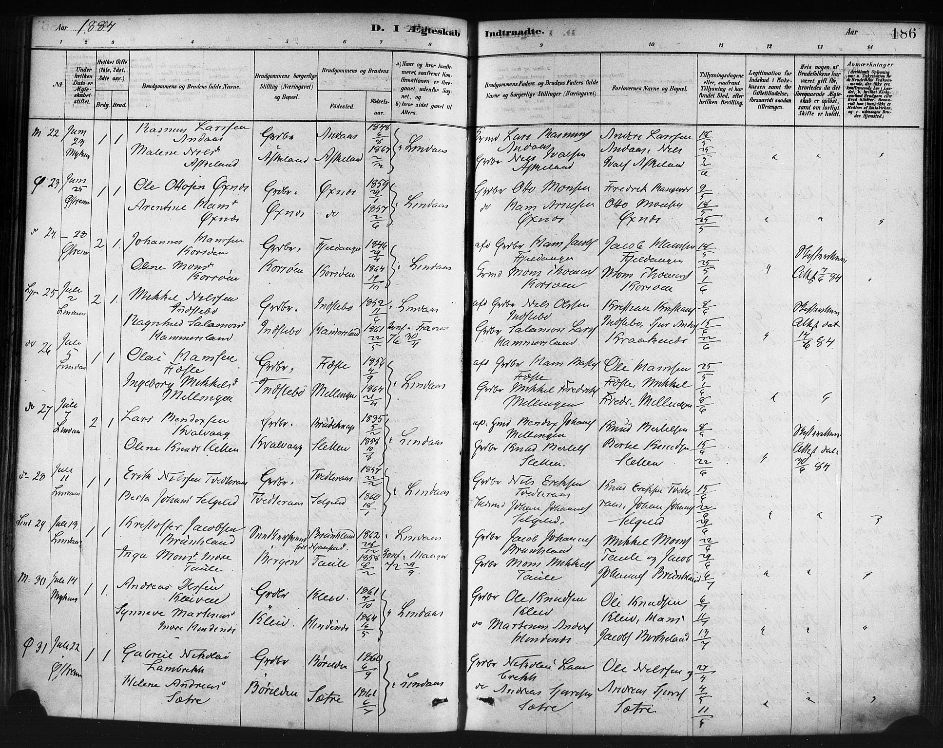 Lindås Sokneprestembete, AV/SAB-A-76701/H/Haa/Haaa/L0019: Ministerialbok nr. A 19, 1878-1912, s. 186