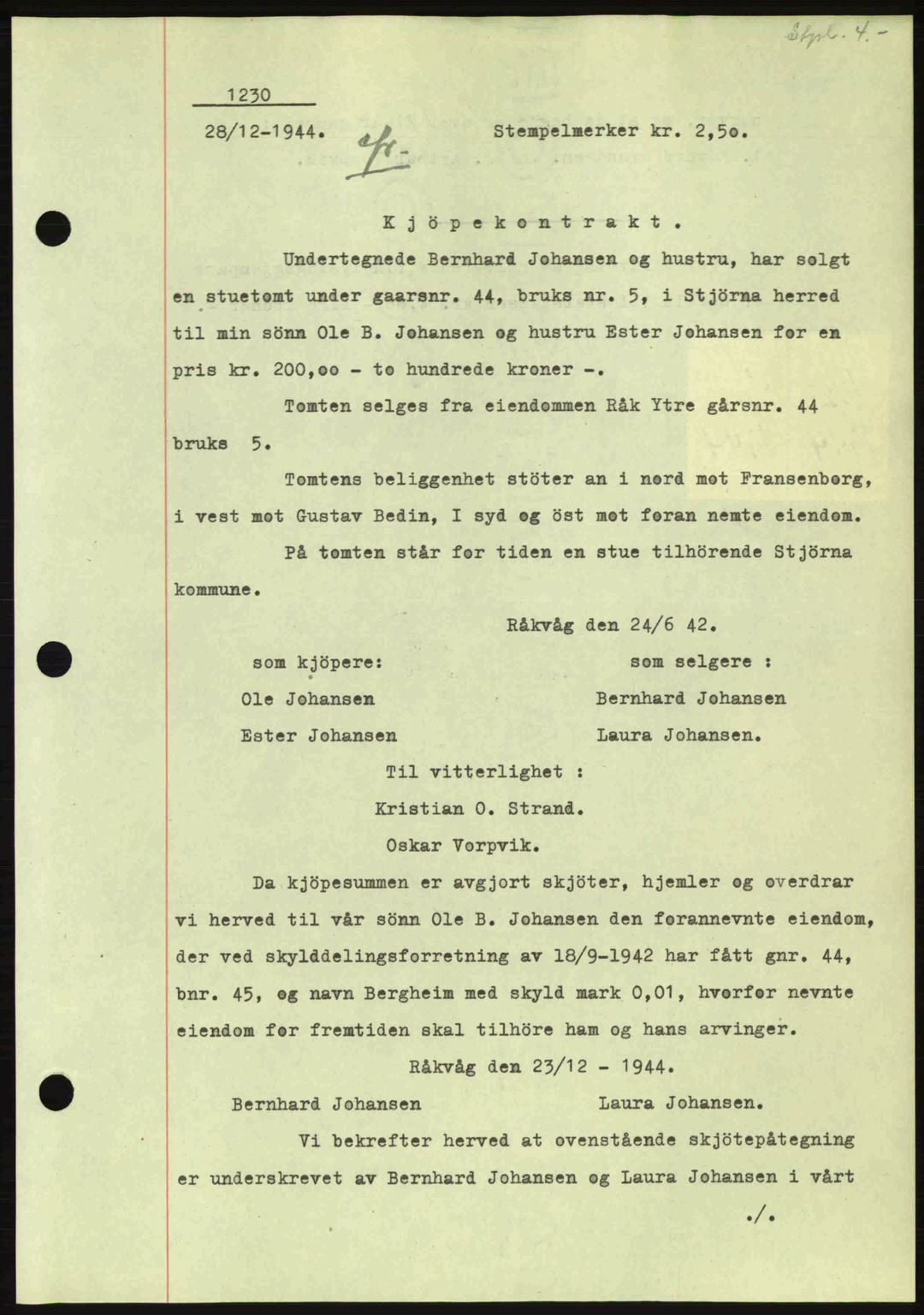 Fosen sorenskriveri, AV/SAT-A-1107/1/2/2C: Pantebok nr. A3, 1943-1945, Dagboknr: 1230/1944