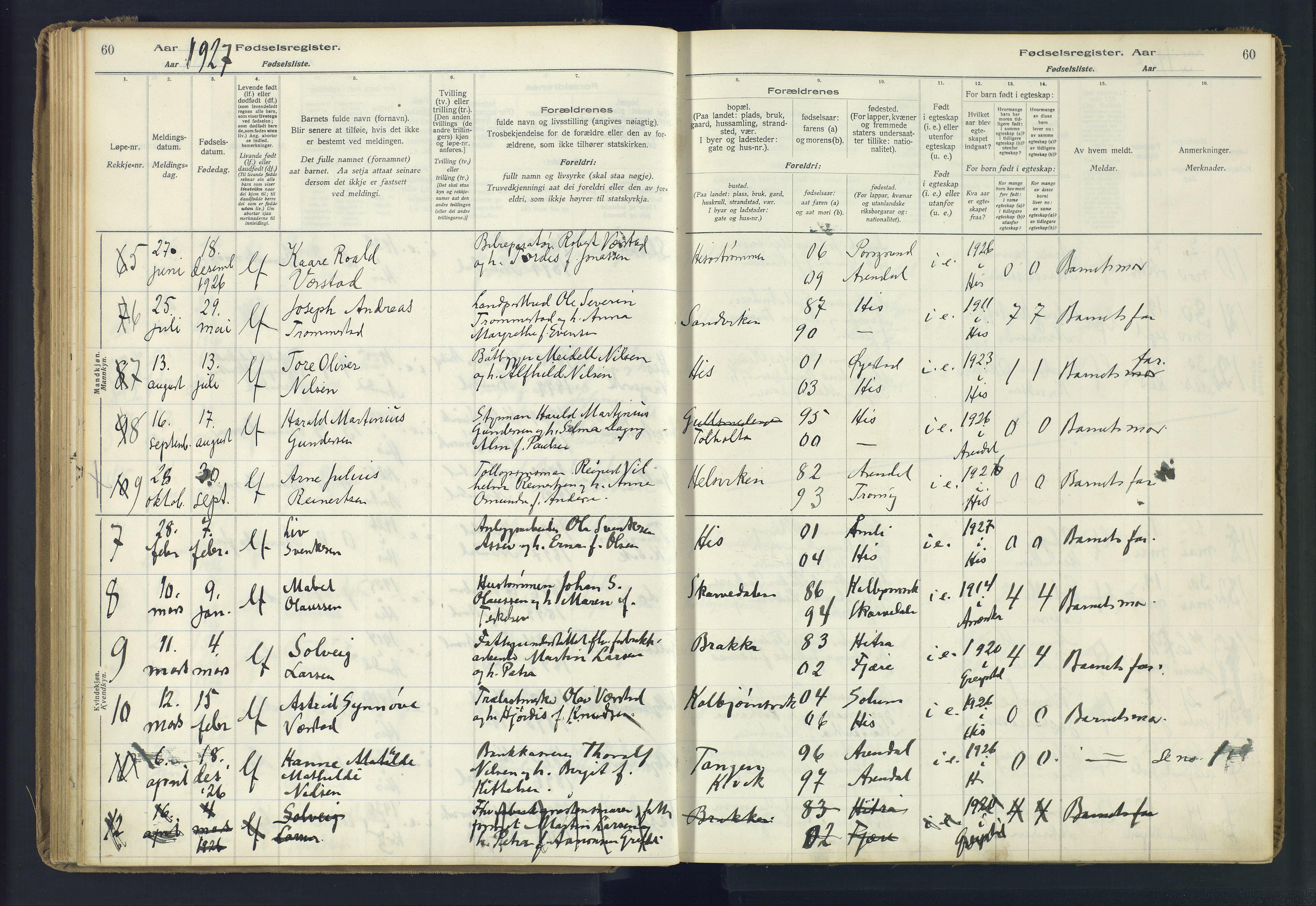 Hisøy sokneprestkontor, AV/SAK-1111-0020/J/Ja/L0001: Fødselsregister nr. A-VI-14, 1916-1951, s. 60