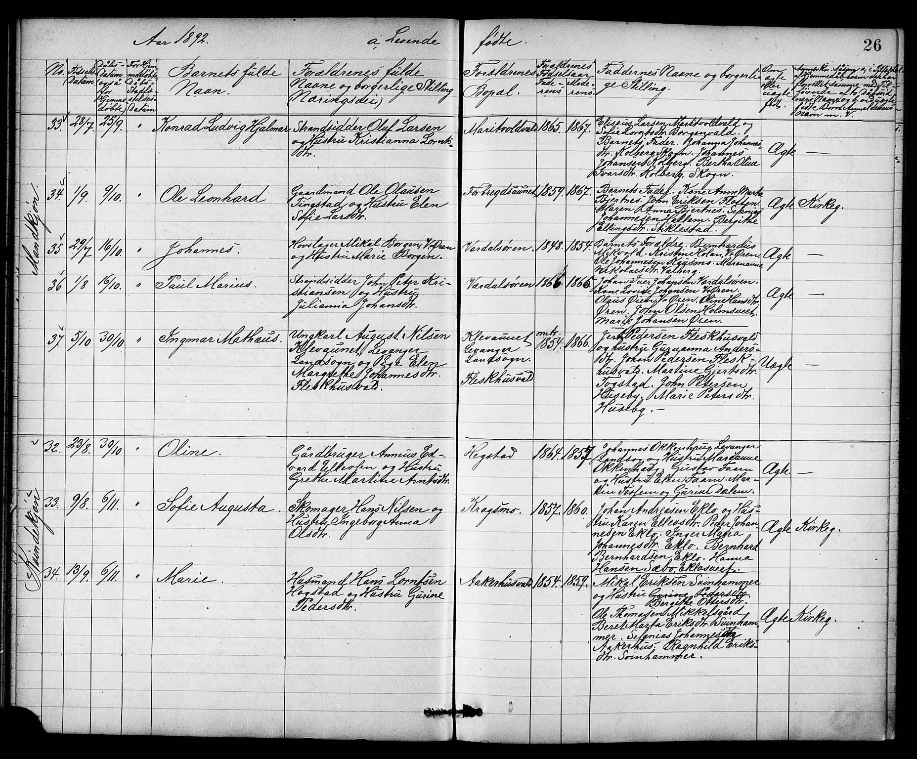 Ministerialprotokoller, klokkerbøker og fødselsregistre - Nord-Trøndelag, AV/SAT-A-1458/723/L0257: Klokkerbok nr. 723C05, 1890-1907, s. 26