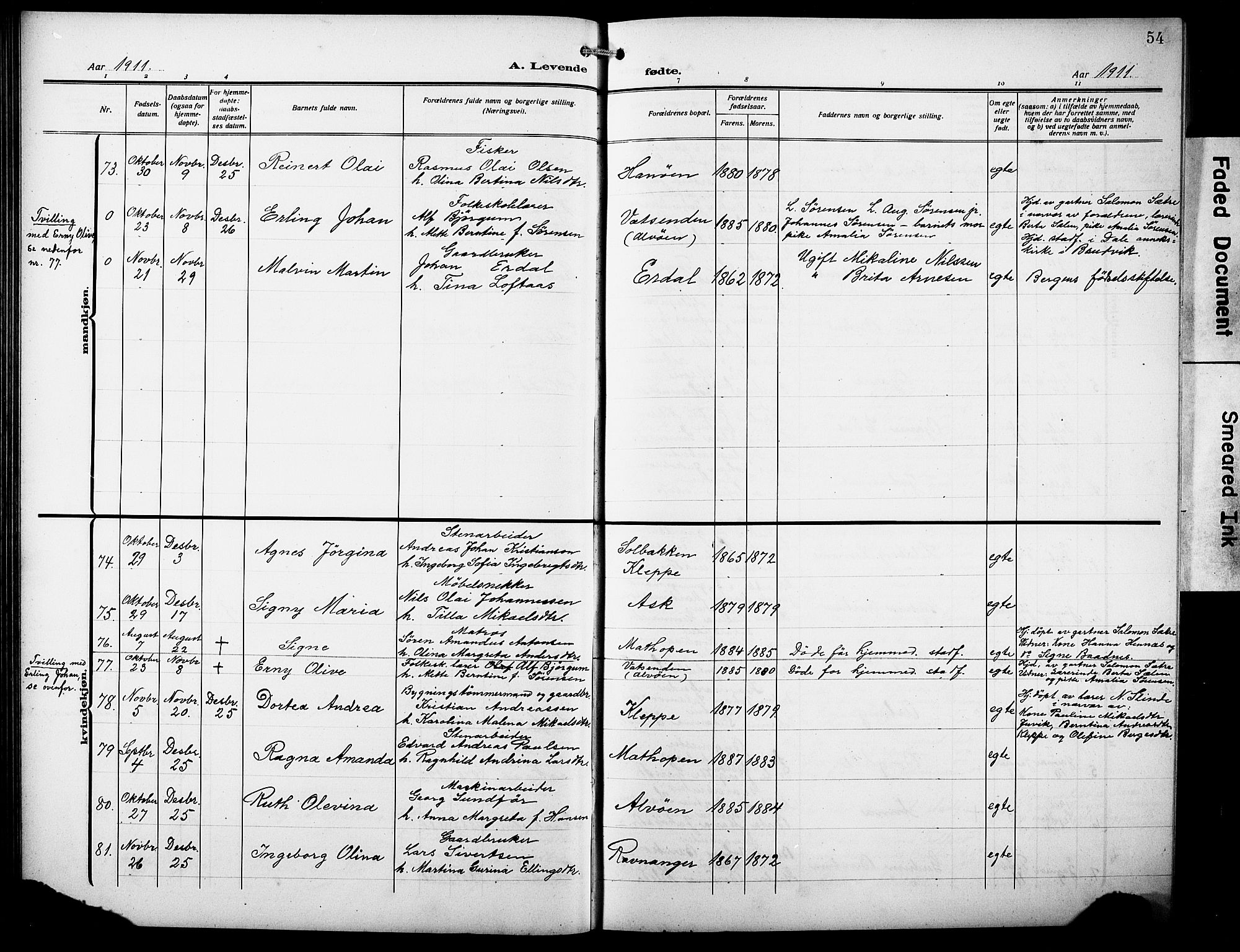 Askøy Sokneprestembete, AV/SAB-A-74101/H/Ha/Hab/Haba/L0011: Klokkerbok nr. A 11, 1908-1931, s. 54