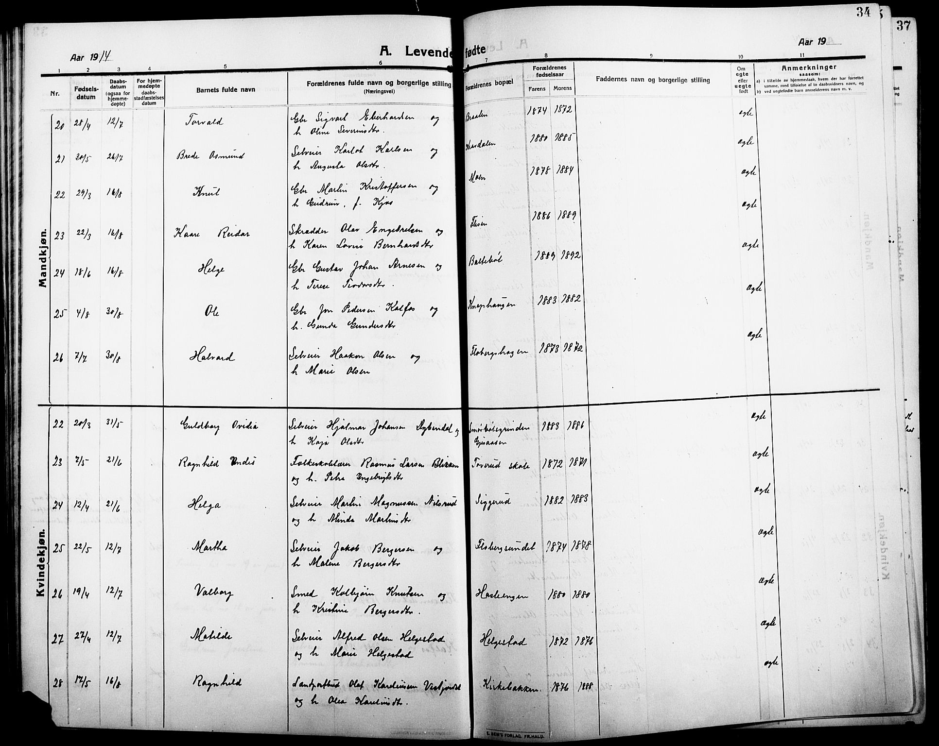 Åsnes prestekontor, AV/SAH-PREST-042/H/Ha/Hab/L0007: Klokkerbok nr. 7, 1909-1926, s. 34