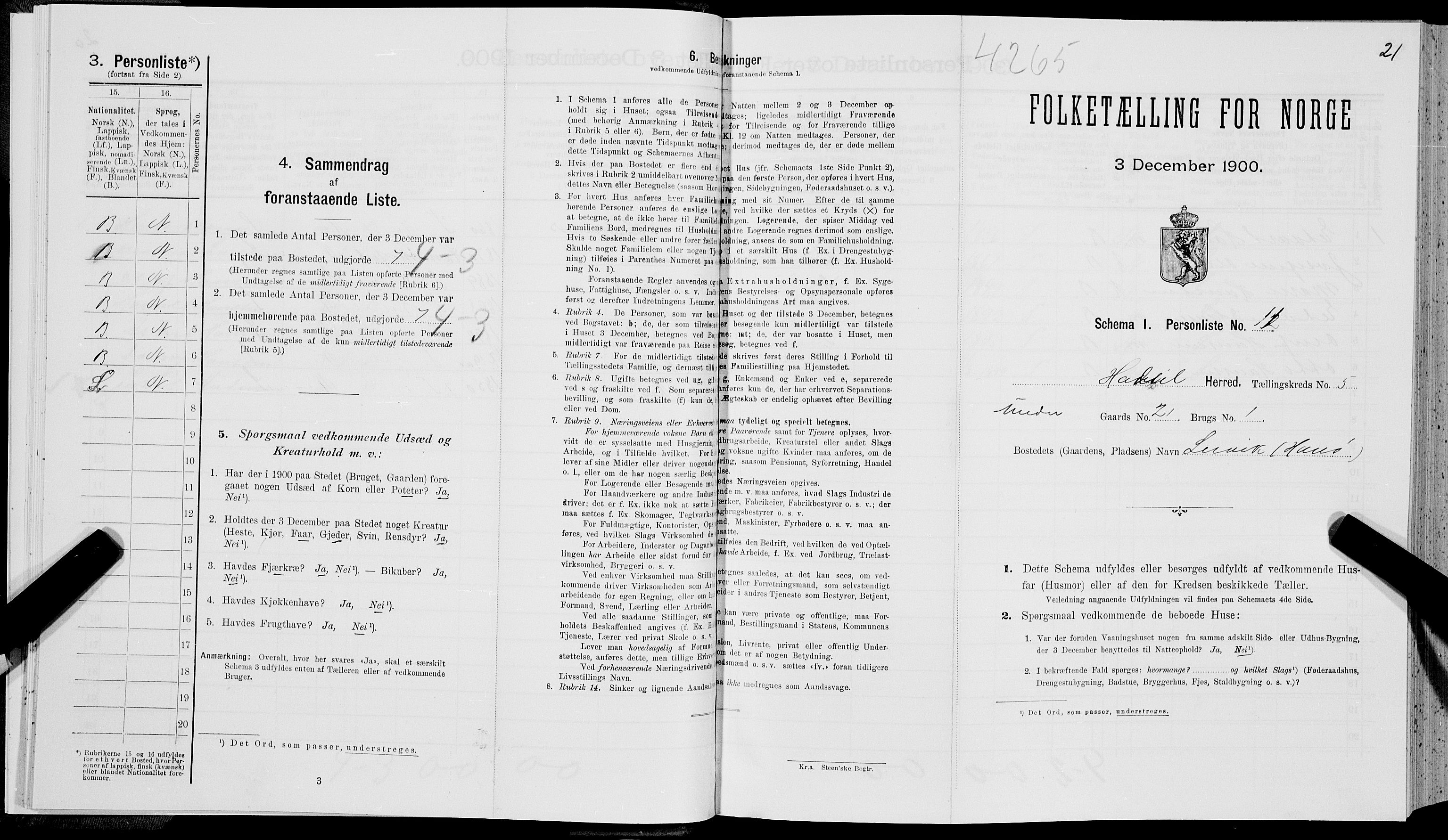 SAT, Folketelling 1900 for 1866 Hadsel herred, 1900, s. 485