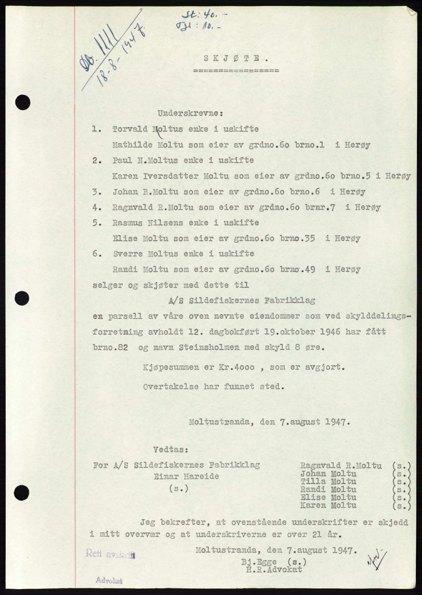 Søre Sunnmøre sorenskriveri, SAT/A-4122/1/2/2C/L0081: Pantebok nr. 7A, 1947-1948, Dagboknr: 1111/1947