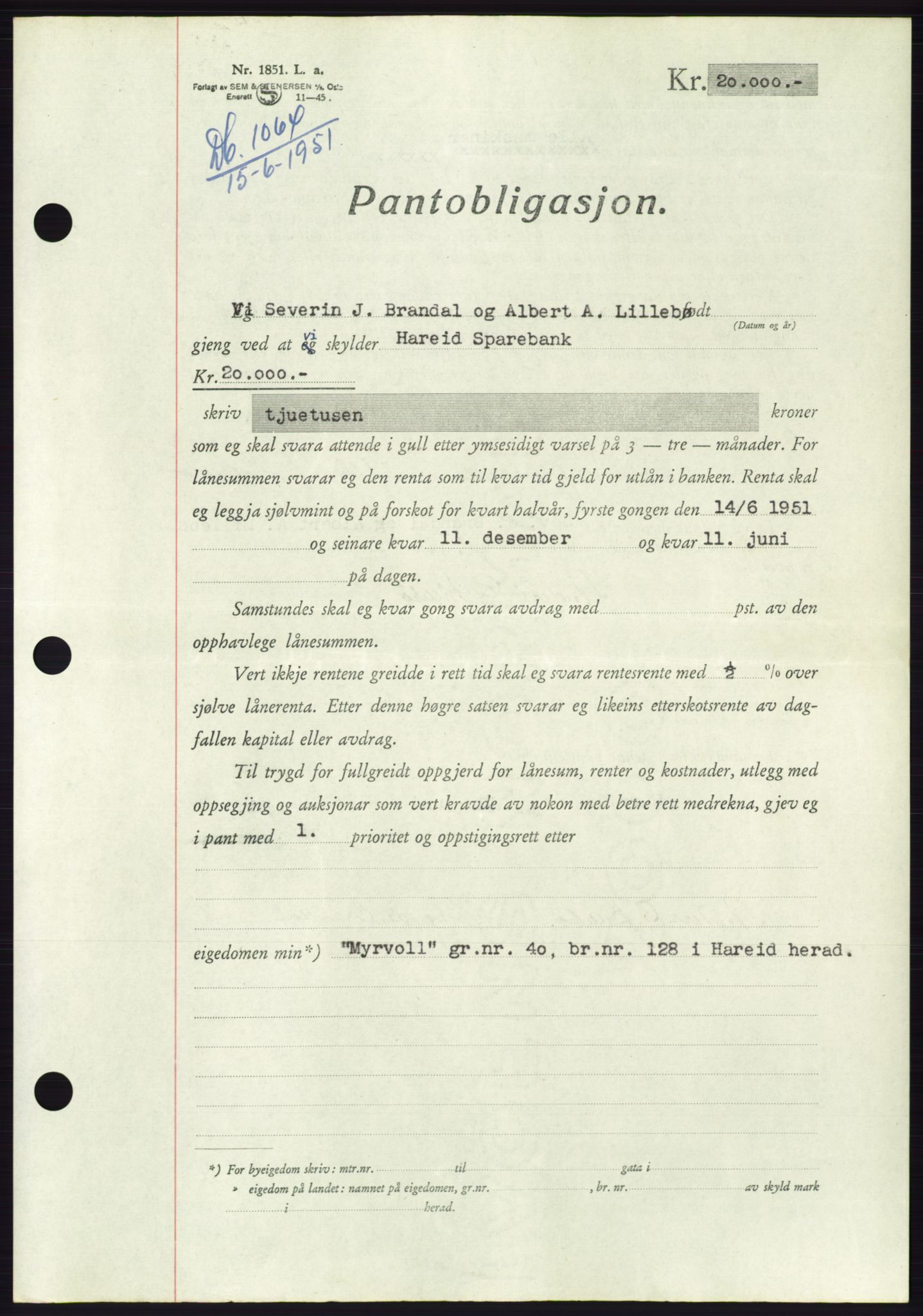 Søre Sunnmøre sorenskriveri, AV/SAT-A-4122/1/2/2C/L0120: Pantebok nr. 8B, 1951-1951, Dagboknr: 1064/1951