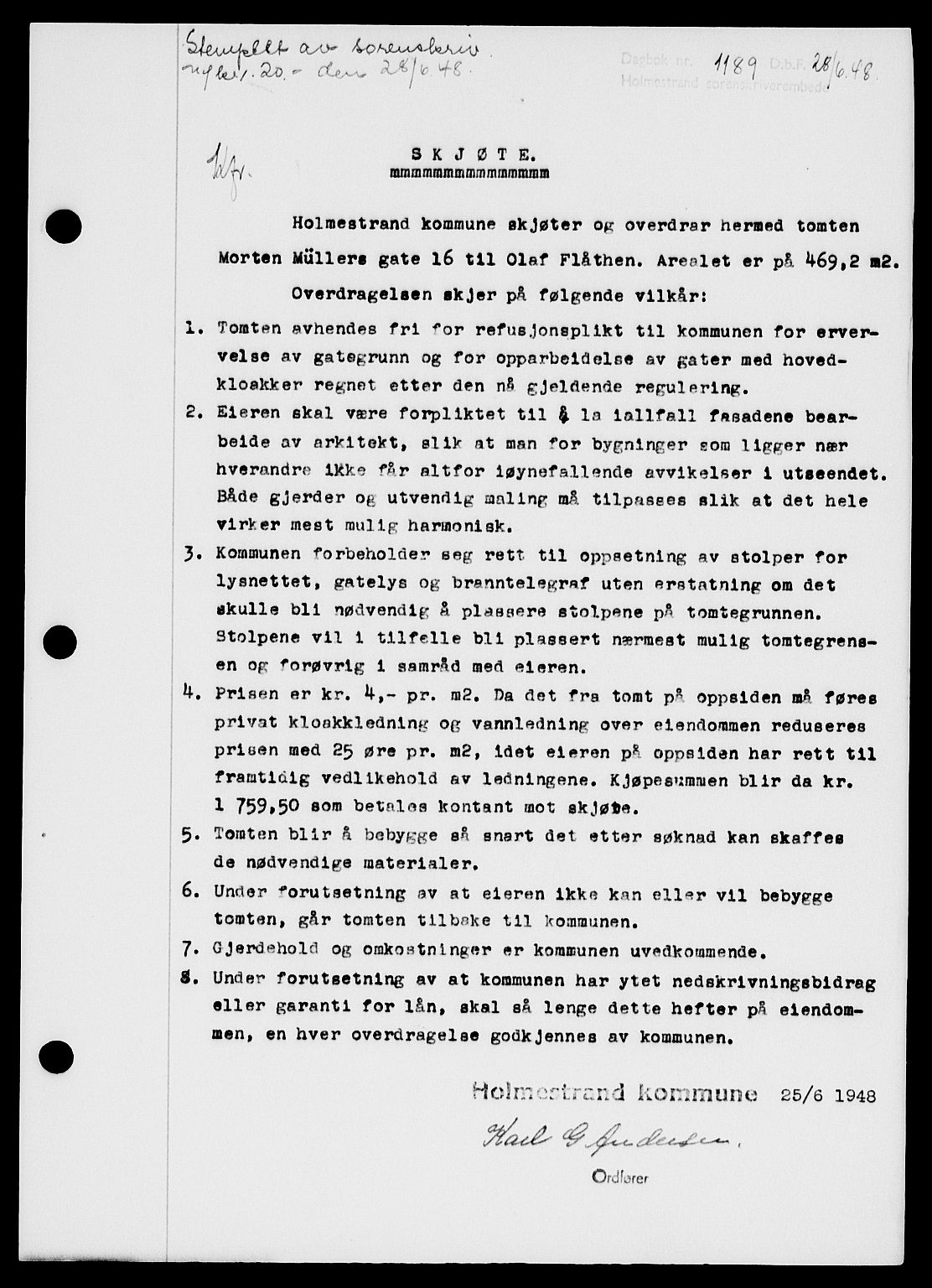 Holmestrand sorenskriveri, SAKO/A-67/G/Ga/Gaa/L0064: Pantebok nr. A-64, 1948-1948, Dagboknr: 1189/1948