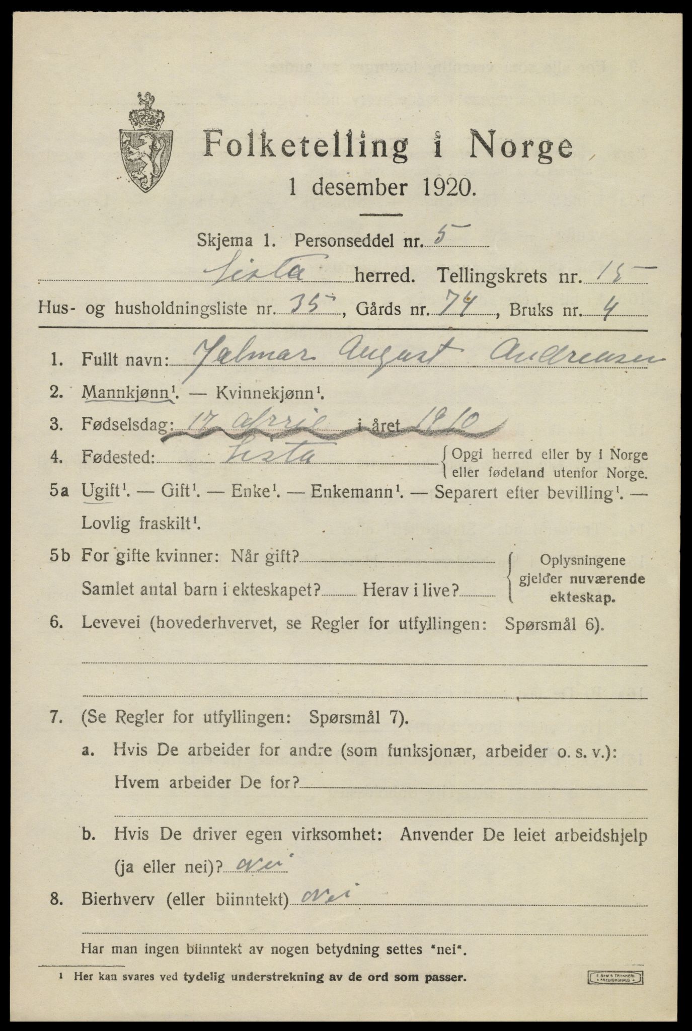 SAK, Folketelling 1920 for 1041 Lista herred, 1920, s. 12893