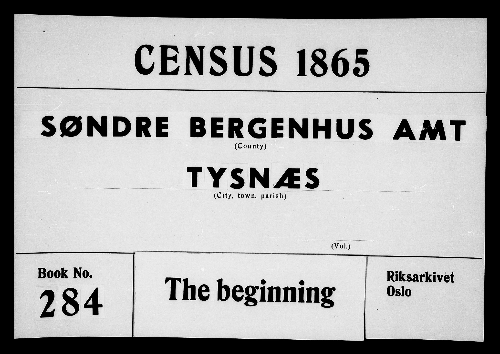 RA, Folketelling 1865 for 1223P Tysnes prestegjeld, 1865, s. 1