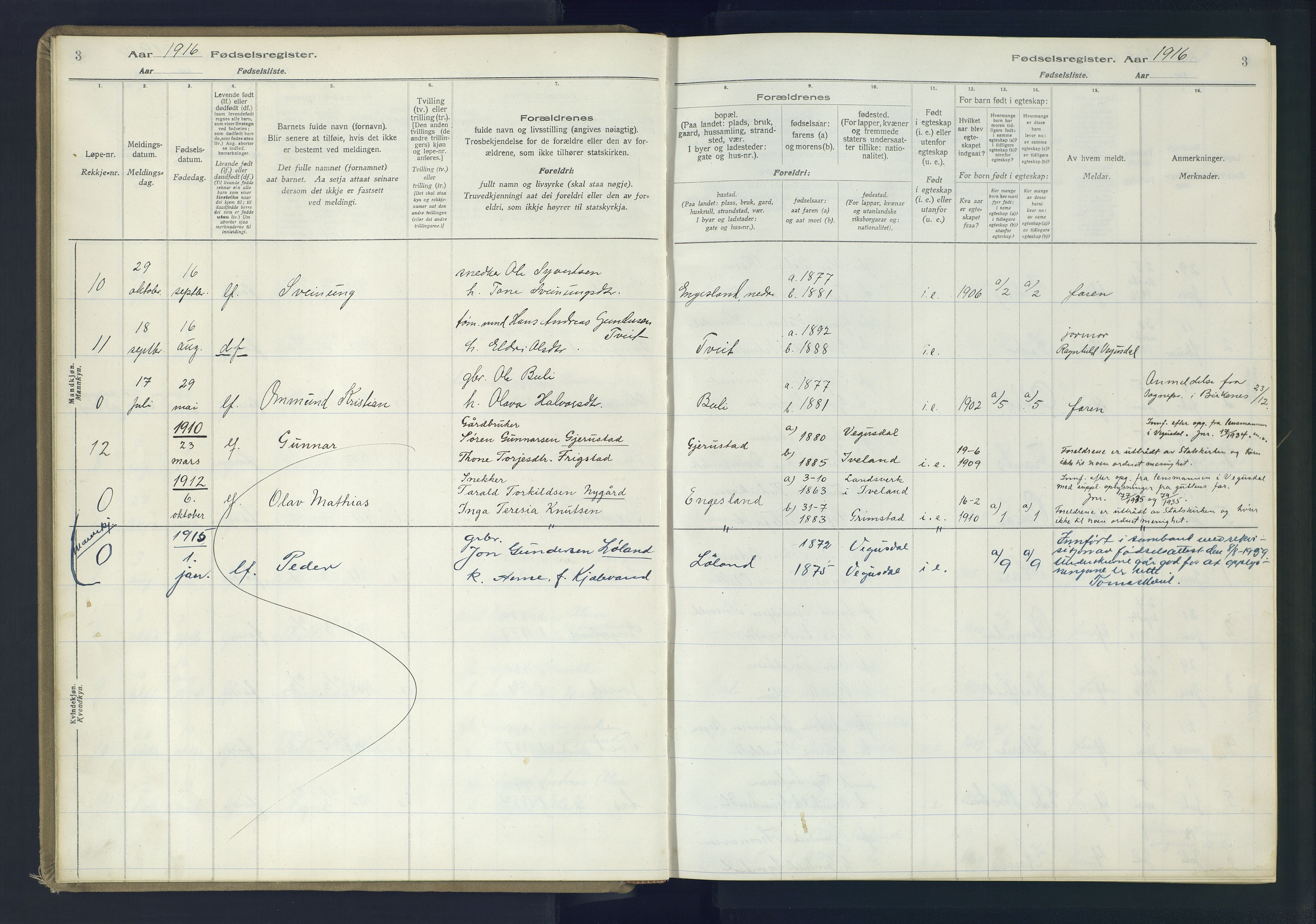 Herefoss sokneprestkontor, AV/SAK-1111-0019/J/Ja/L0002: Fødselsregister nr. II.6.11, 1916-1982, s. 3