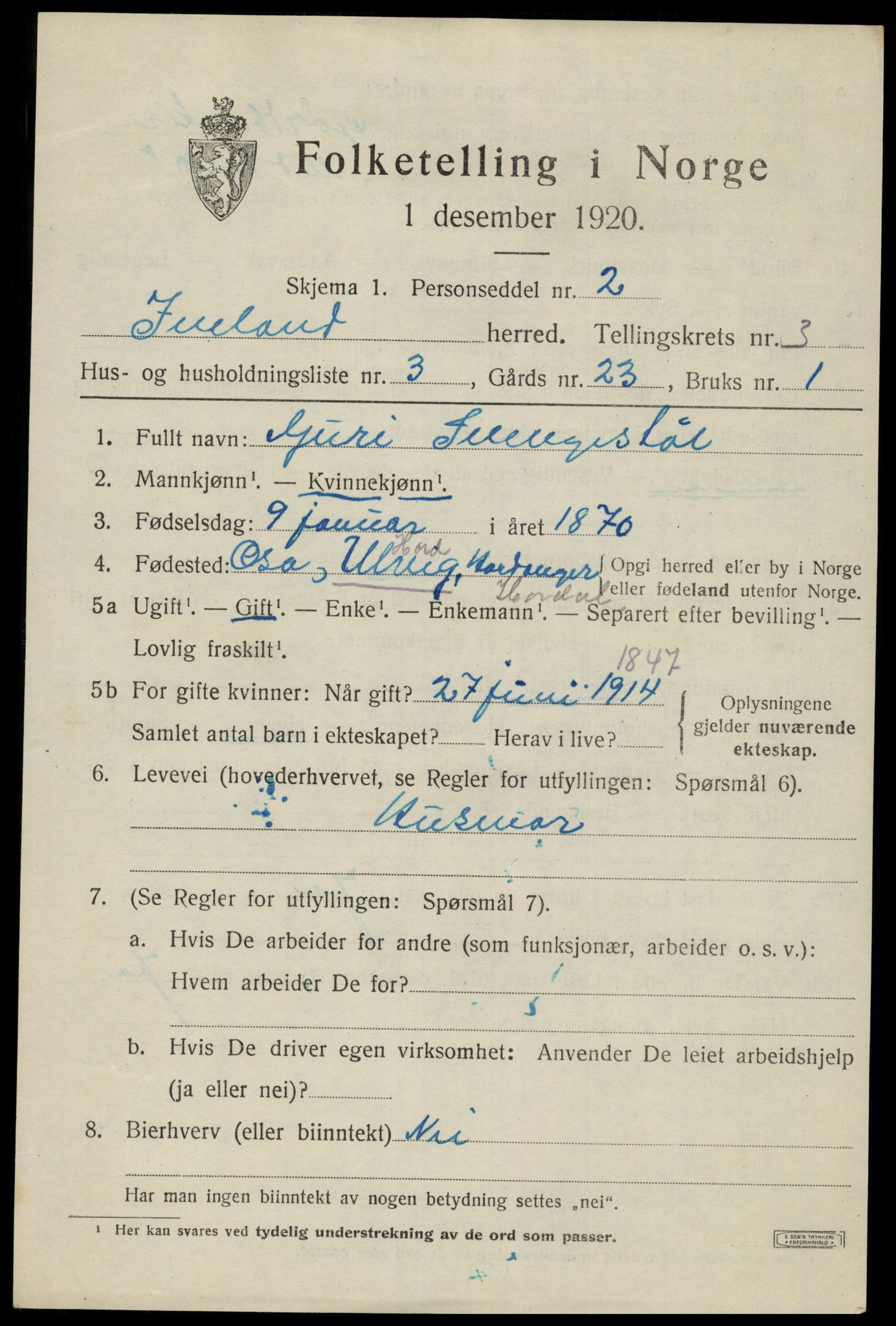SAK, Folketelling 1920 for 0935 Iveland herred, 1920, s. 963