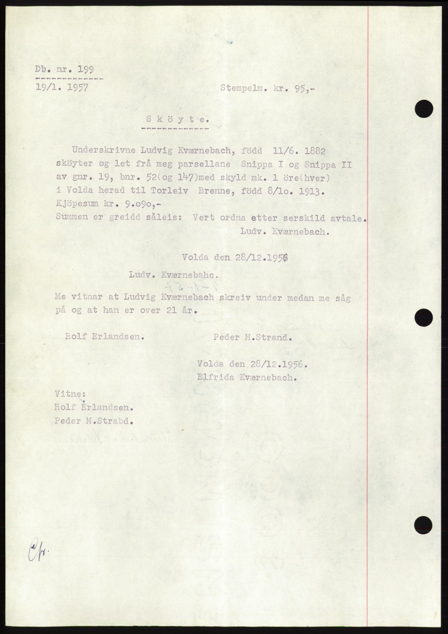 Søre Sunnmøre sorenskriveri, AV/SAT-A-4122/1/2/2C/L0105: Pantebok nr. 31A, 1956-1957, Dagboknr: 199/1957