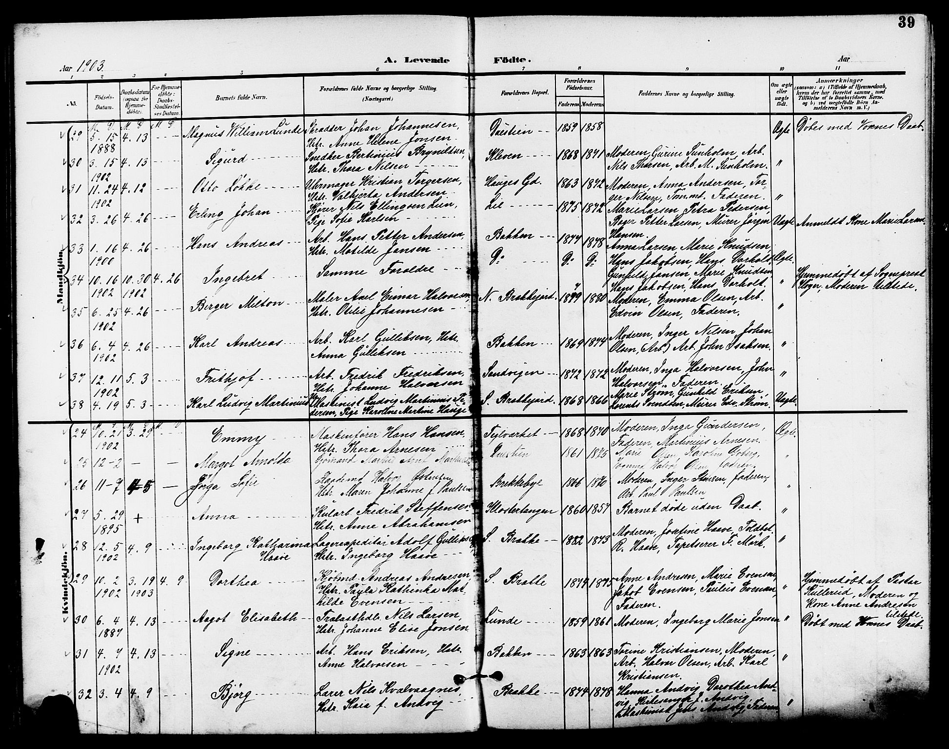 Skien kirkebøker, AV/SAKO-A-302/G/Ga/L0008: Klokkerbok nr. 8, 1900-1910, s. 39