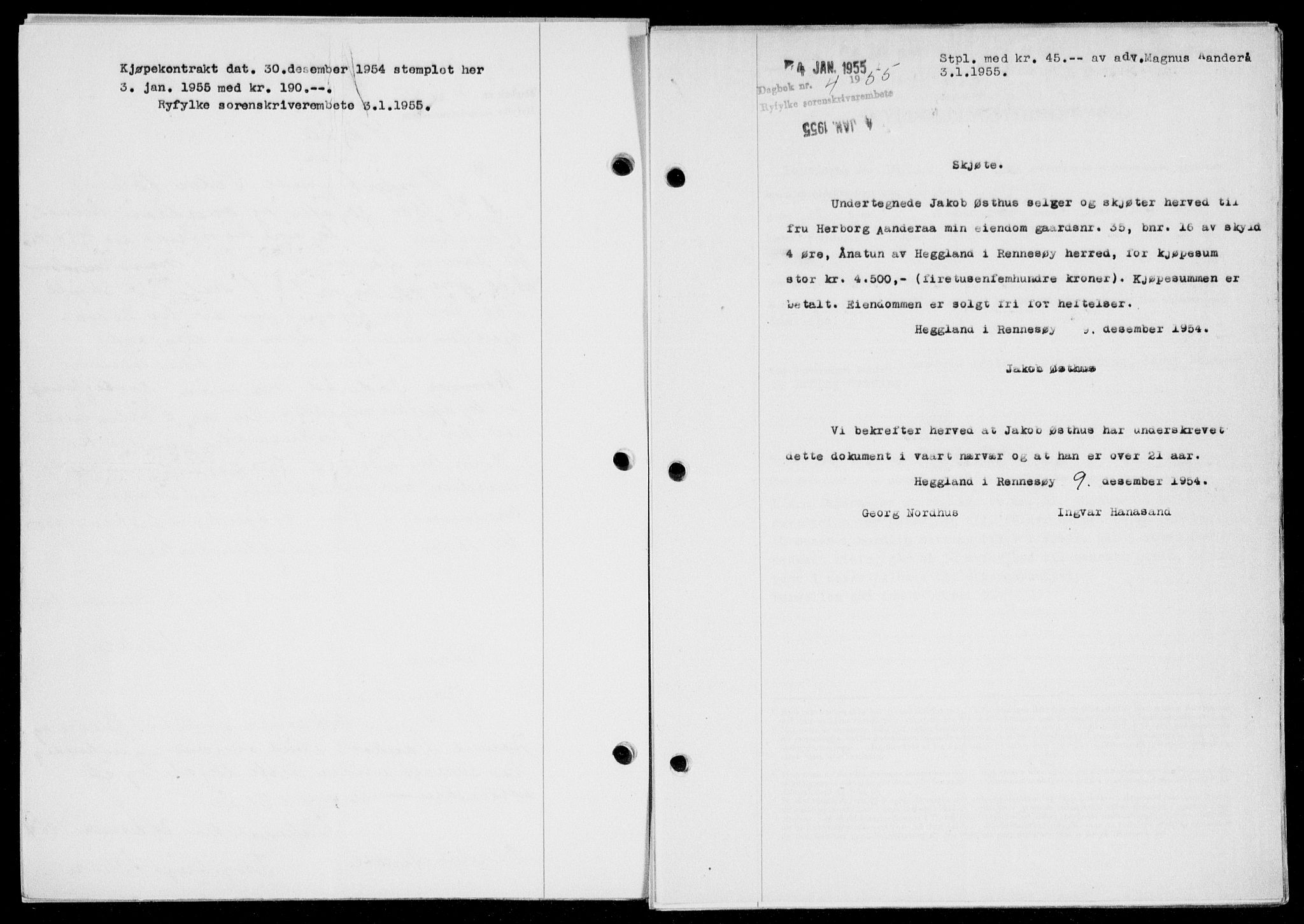 Ryfylke tingrett, SAST/A-100055/001/II/IIB/L0128: Pantebok nr. 107, 1954-1955, Dagboknr: 4/1955