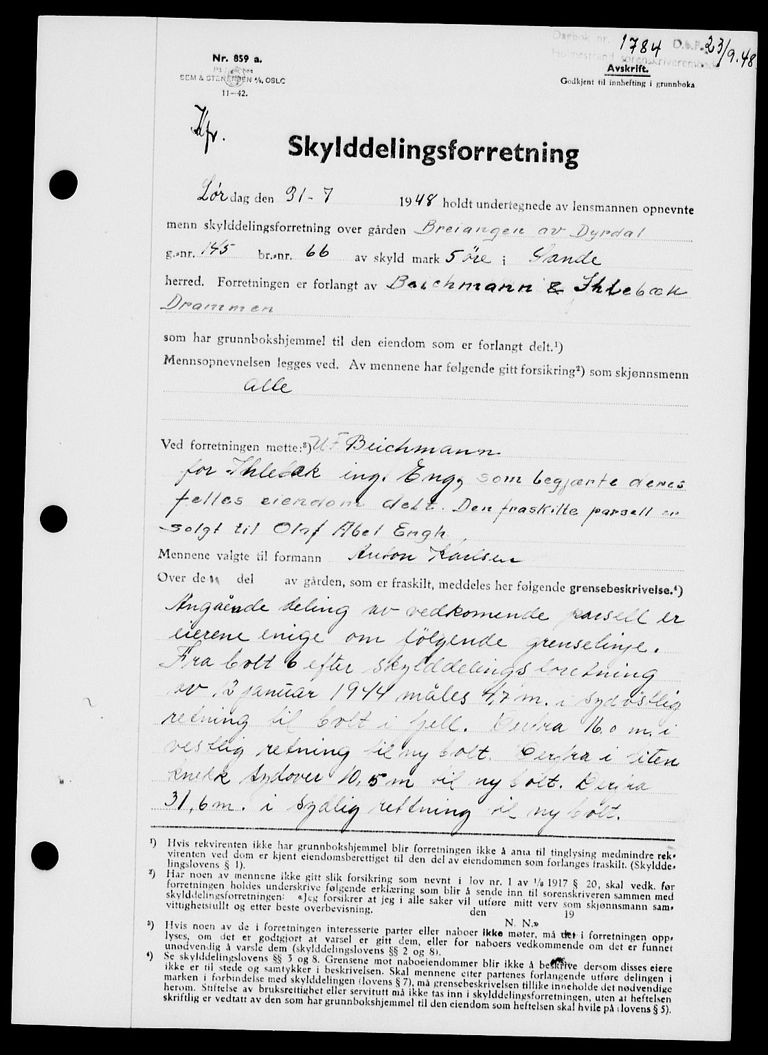 Holmestrand sorenskriveri, SAKO/A-67/G/Ga/Gaa/L0064: Pantebok nr. A-64, 1948-1948, Dagboknr: 1784/1948