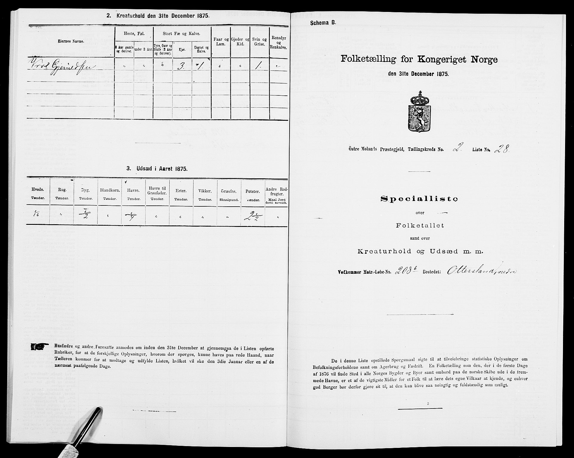 SAK, Folketelling 1875 for 0918P Austre Moland prestegjeld, 1875, s. 1156