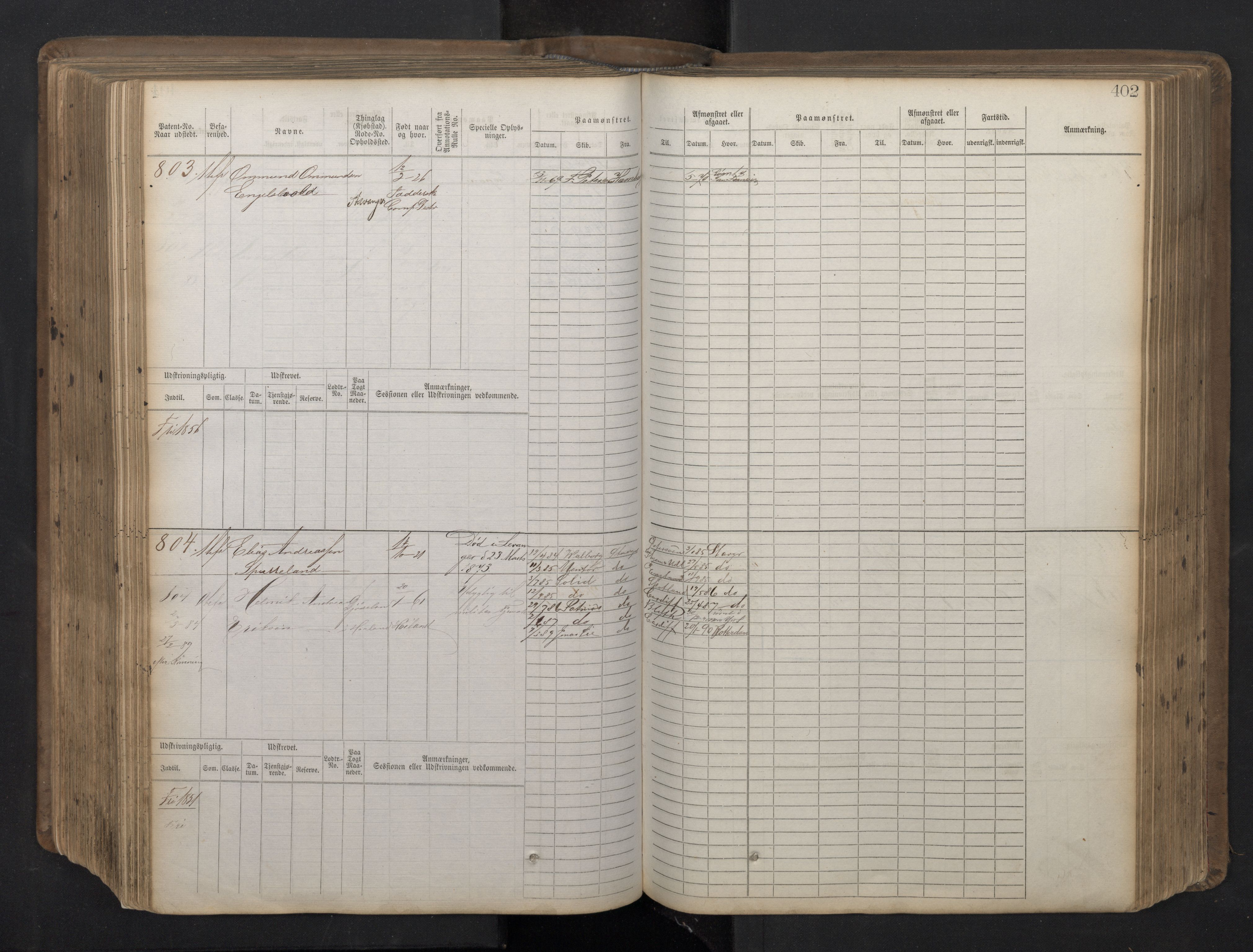 Stavanger sjømannskontor, AV/SAST-A-102006/F/Fb/Fbb/L0016: Sjøfartshovedrulle patnentnr. 1-1202 (dublett), 1869, s. 402