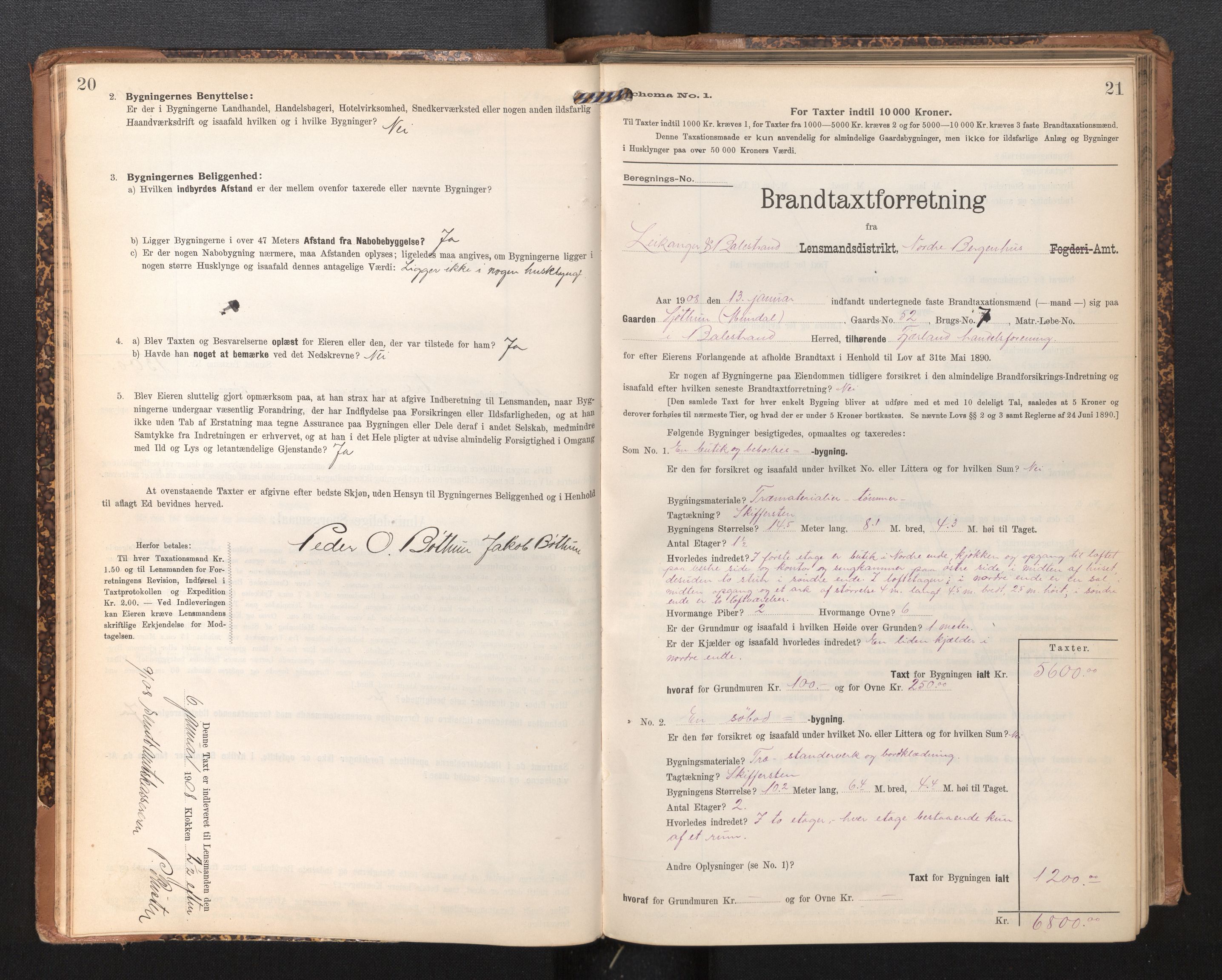Lensmannen i Leikanger, SAB/A-29201/0012/L0005: Branntakstprotokoll, skjematakst, 1907-1917, s. 20-21