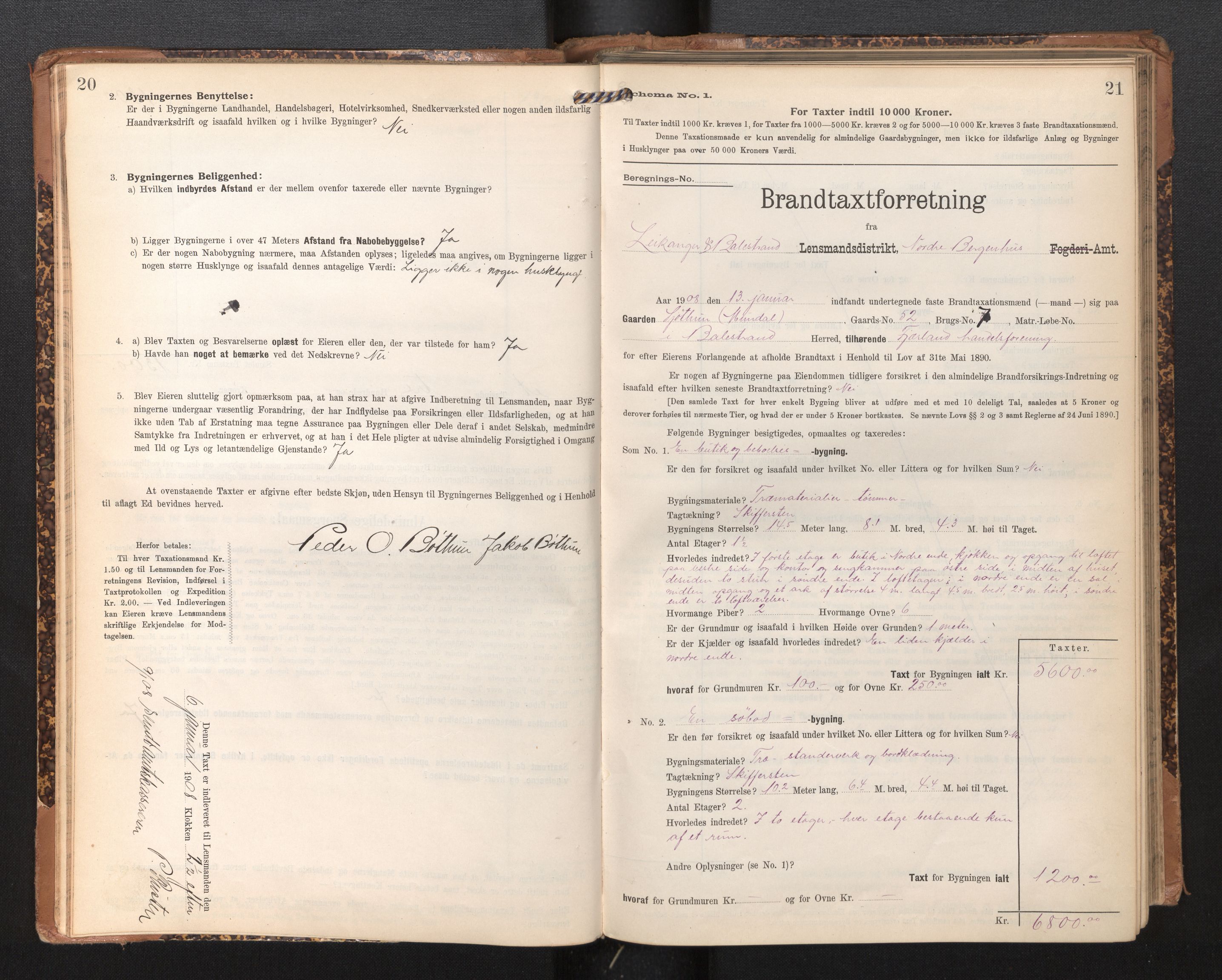 Lensmannen i Leikanger, AV/SAB-A-29201/0012/L0005: Branntakstprotokoll, skjematakst, 1907-1917, s. 20-21