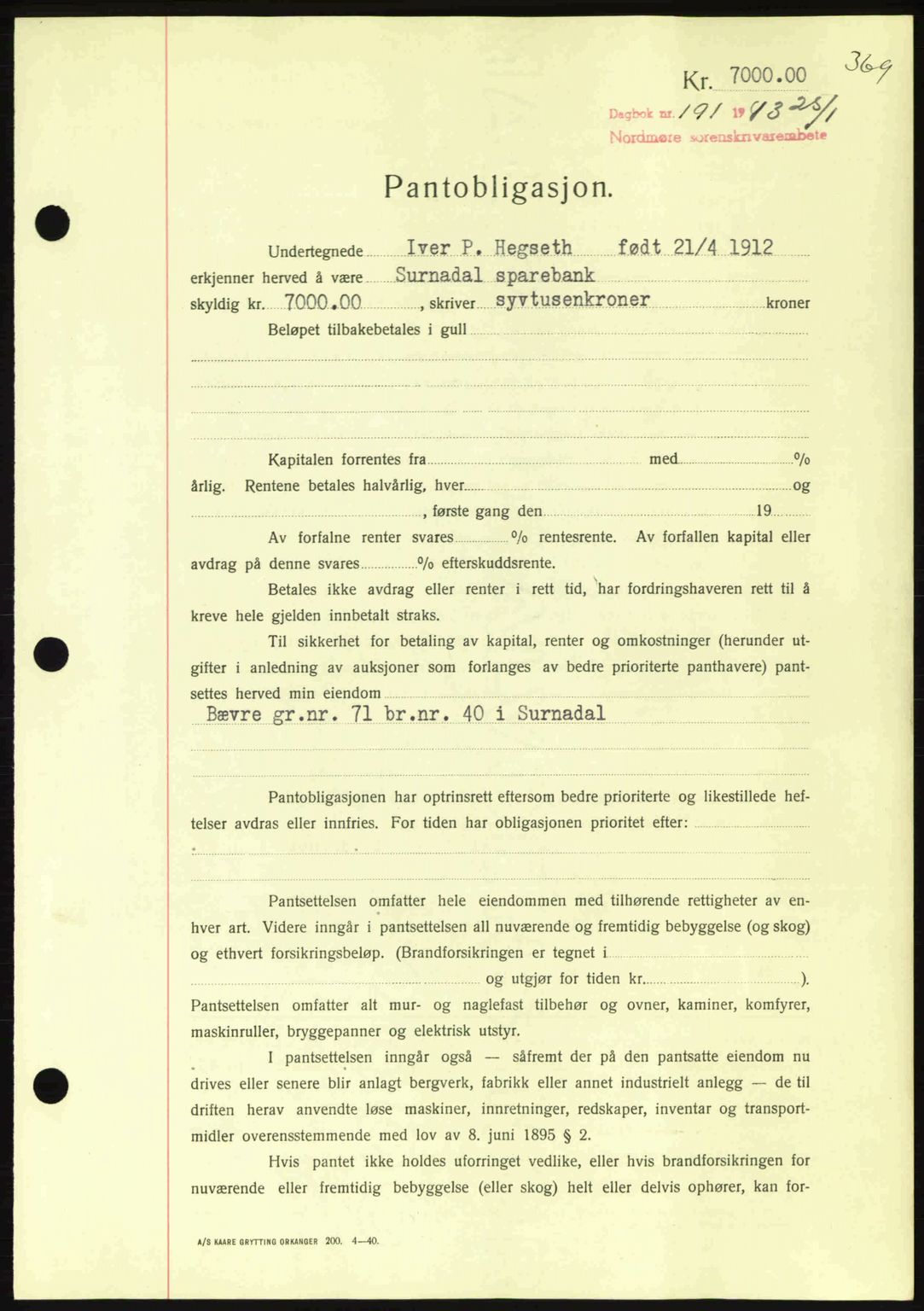 Nordmøre sorenskriveri, SAT/A-4132/1/2/2Ca: Pantebok nr. B90, 1942-1943, Dagboknr: 191/1943