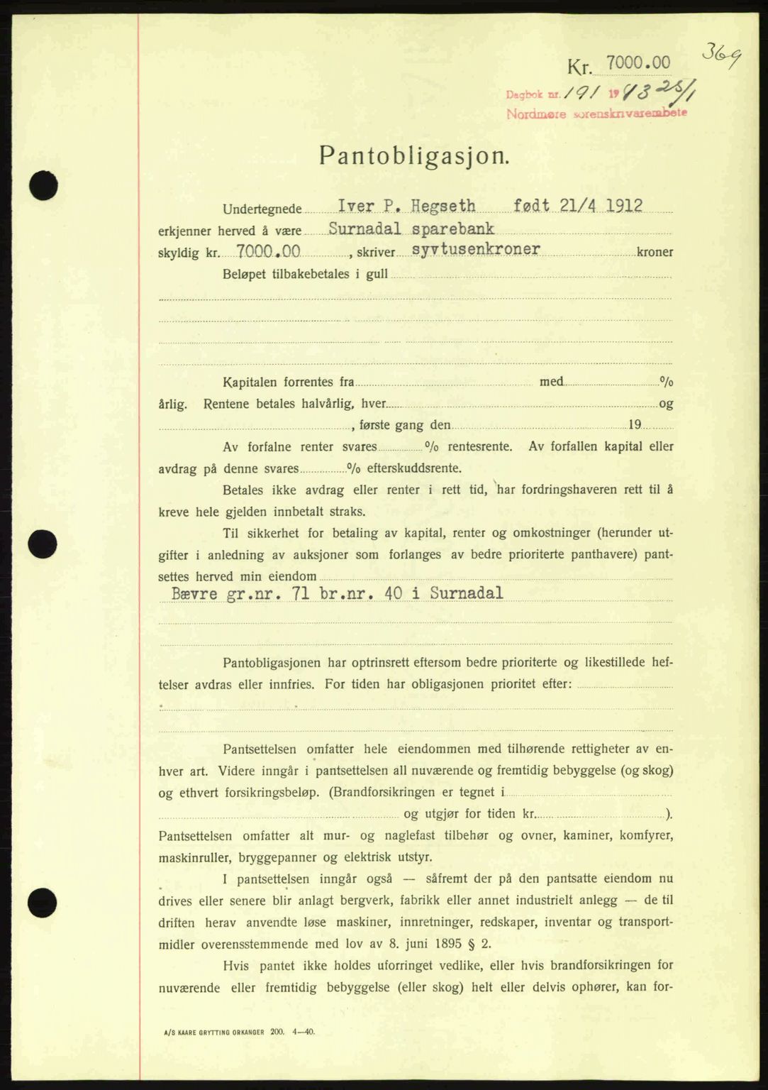 Nordmøre sorenskriveri, AV/SAT-A-4132/1/2/2Ca: Pantebok nr. B90, 1942-1943, Dagboknr: 191/1943