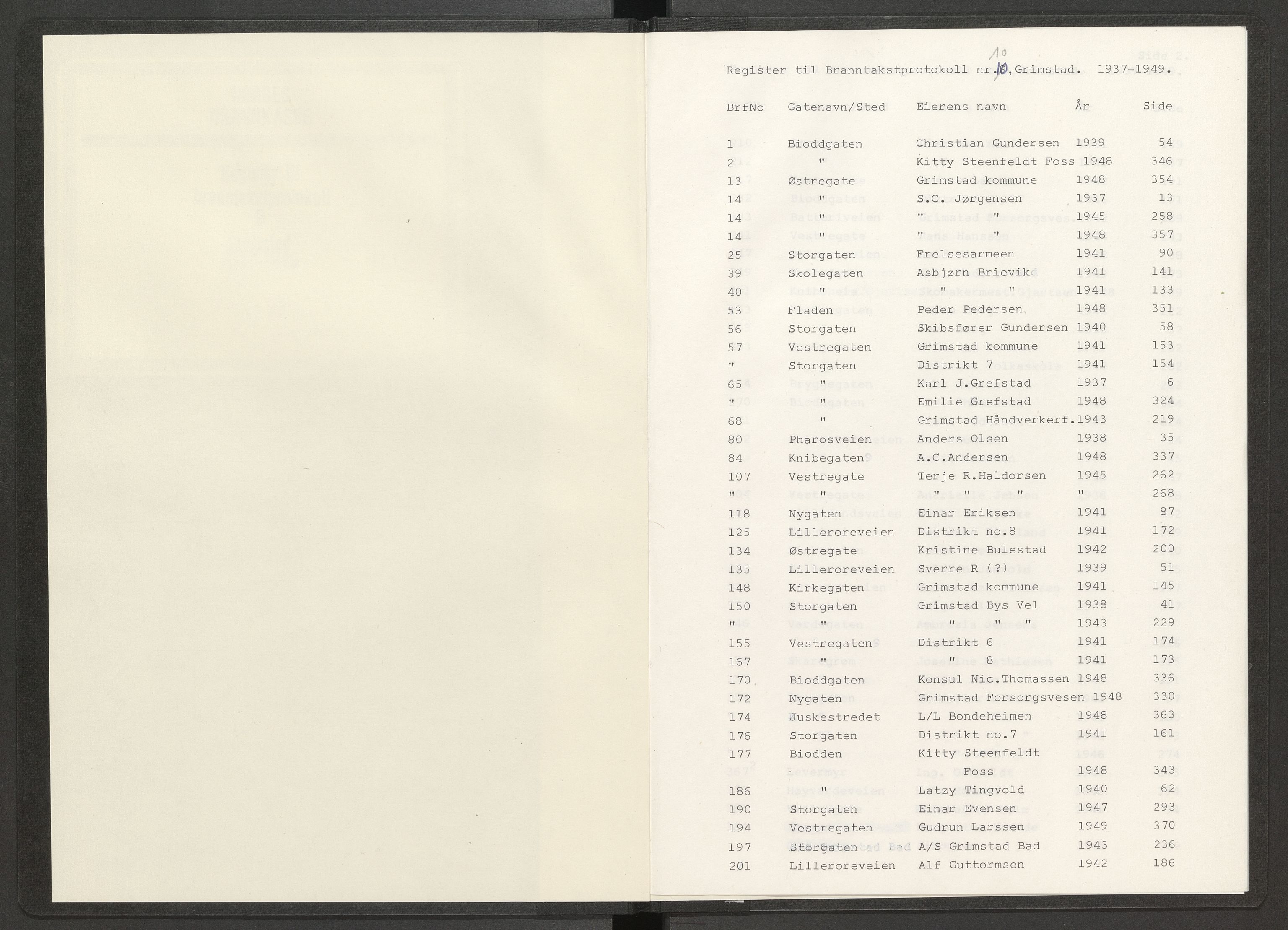 Norges Brannkasse Grimstad, AV/SAK-2241-0018/F/Fa/L0015: Løst register over brannforsikringsnummer og gatenavn til branntakstprotokoll nr. 10, 1937-1949