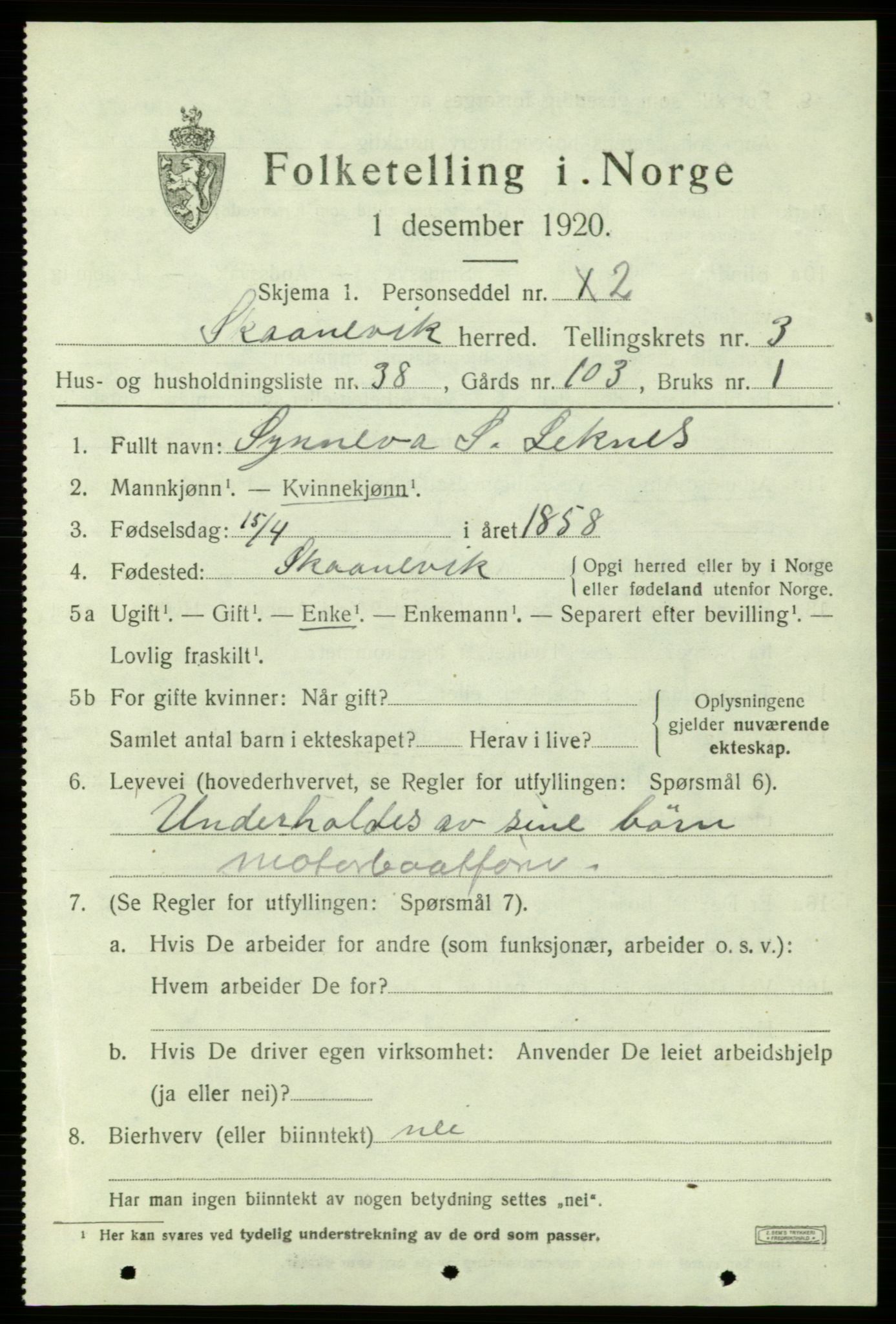 SAB, Folketelling 1920 for 1212 Skånevik herred, 1920, s. 3229