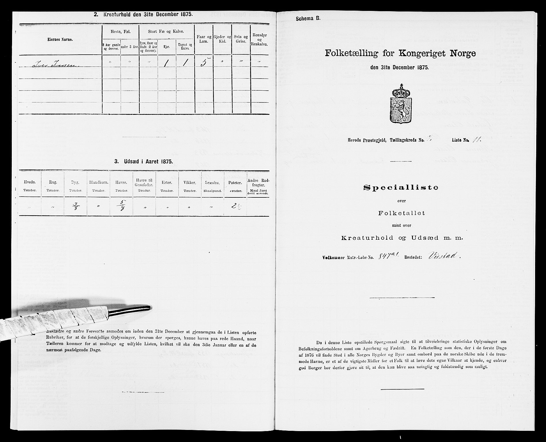 SAK, Folketelling 1875 for 1039P Herad prestegjeld, 1875, s. 854